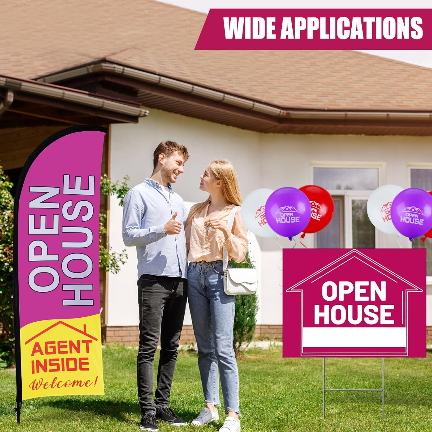 Buryeah 106 Pcs Real Estate Agent Supplies Accessories, 2 Open House Banner Flag with Pole Kit, 14 Yard Lawn Ground Sale Directional Arrows Signs with Stakes Double Sided and 90 Balloons (Purple)
