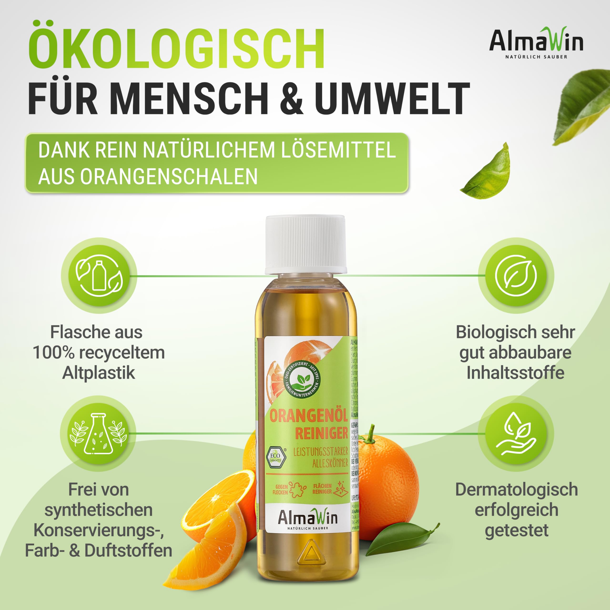 AlmaWin® Orangenölreiniger ÖKO [15x 125ml] ideal als starker Allesreiniger & Fettlöser - Veganes Orangenreiniger Konzentrat mit fruchtigem Duft - Besonders ergiebiger Orangenöl Reiniger