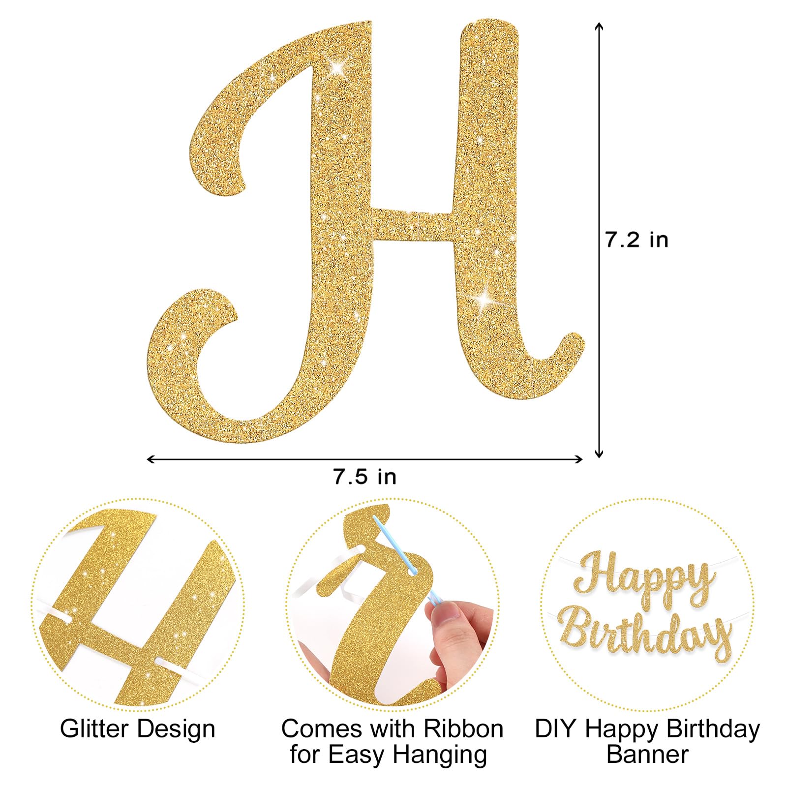 Glitter Happy Birthday Banner Sign, Birthday Garland Wall Door Banners Flag for Women Men Boys Girls Party Backdrop Decorations (Gold)