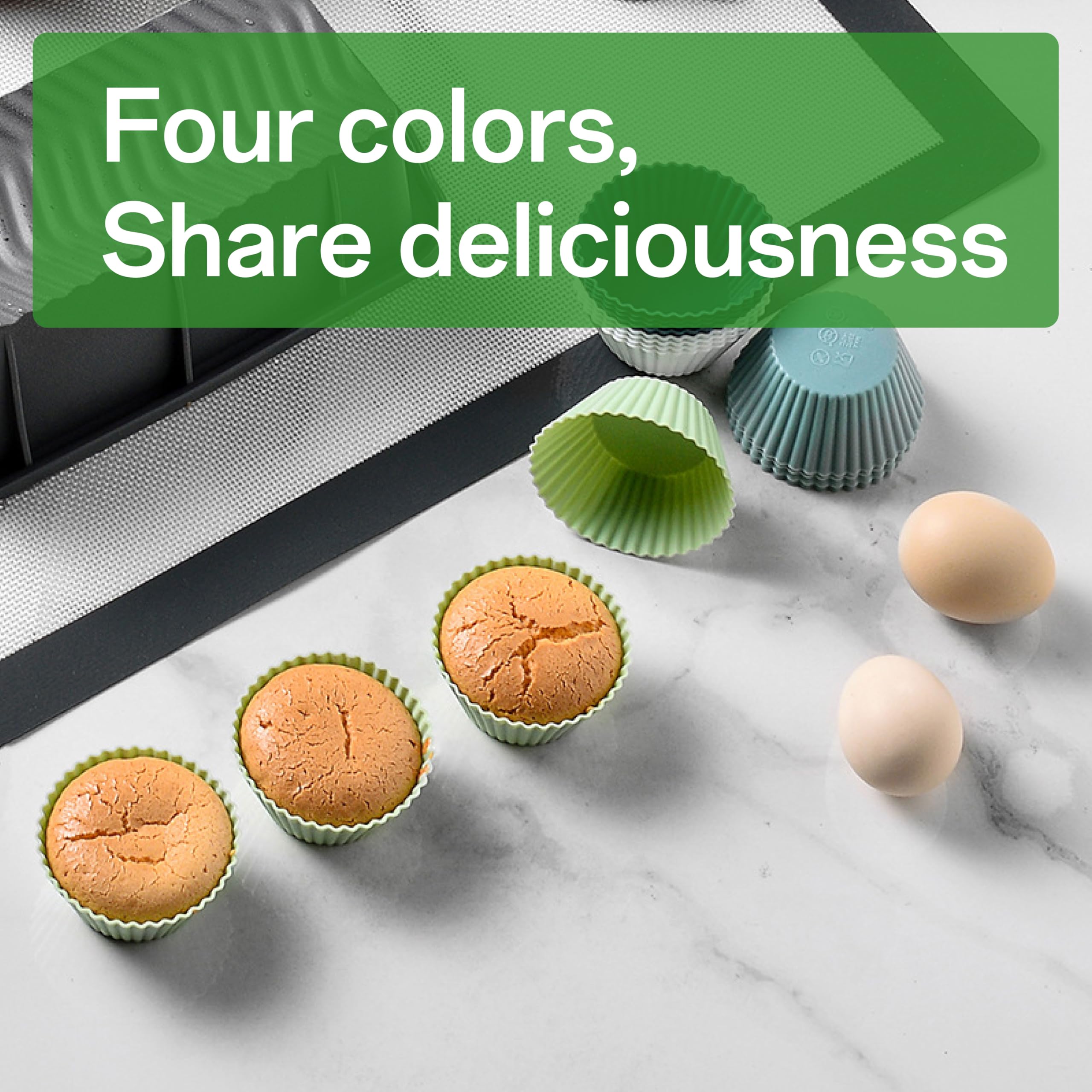 IIUIKOO round silicone cupcake liners for baking 12 pack in 4 colors navy, dusty blue, sage green, white, reusable and heat-resistant muffin cups, easy release and cleaning, fits standard muffin pans