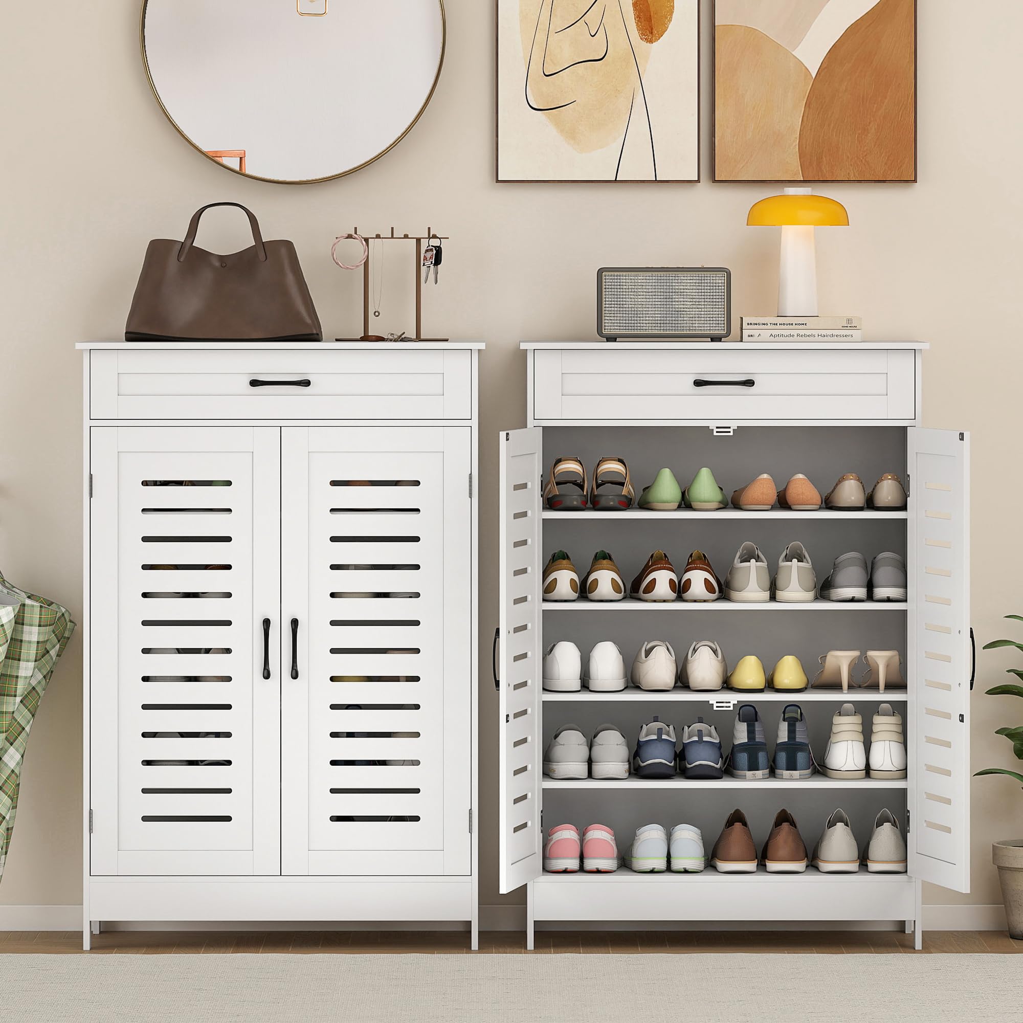 HOMCOM Mueble Zapatero de 5 Niveles con Cajón 78x37x115,8 cm Blanco | Armario para Zapatos, Puertas de Rejilla, Estantes Ajustables, para 20 Pares de Zapatos, para Pasillo Recibidor