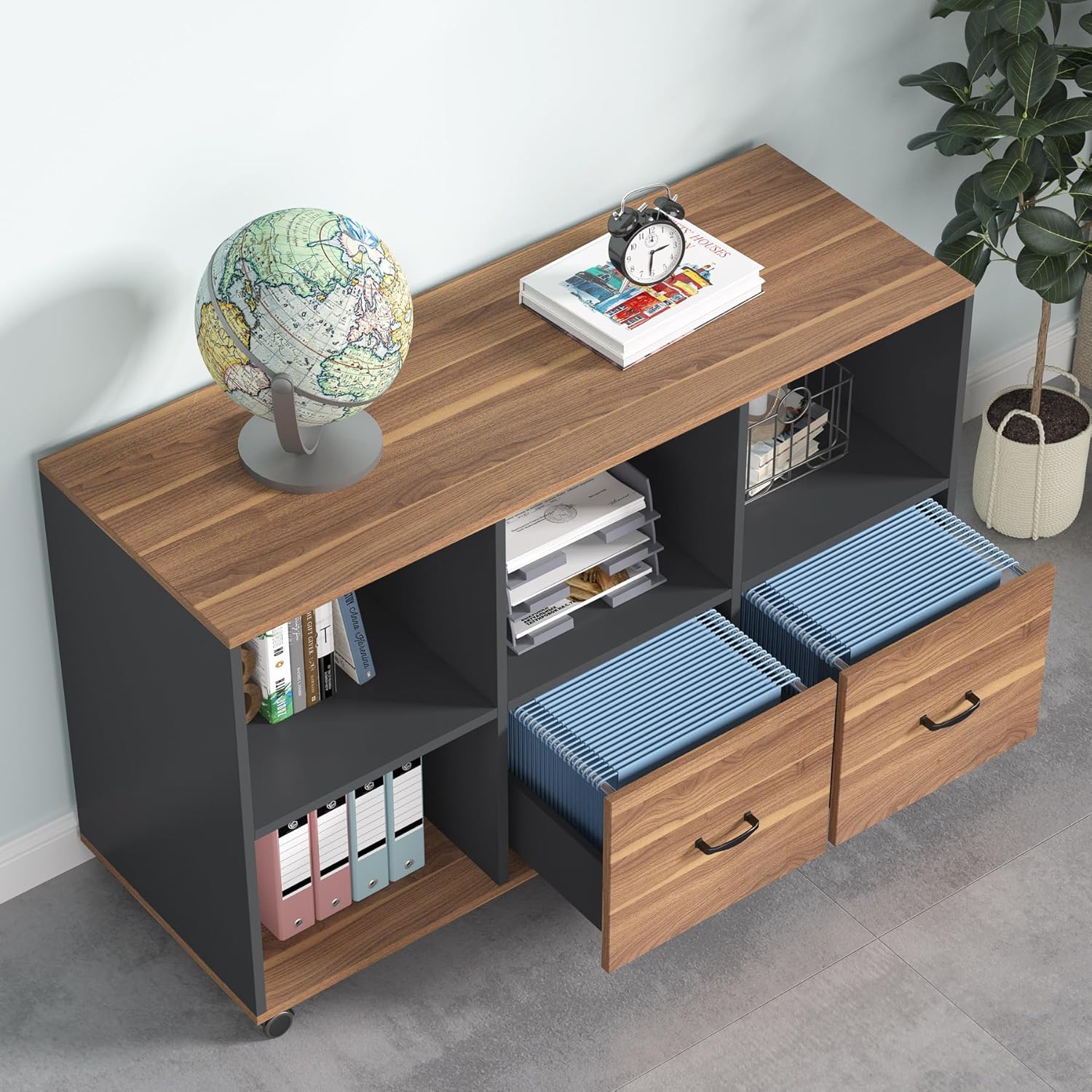 Tribesigns 2 Drawers Lateral File Cabinets, Home Office 47-inch Mobile Wood Filing Cabinet Printer Stand with Wheels and Open Storage Shelves,Drawers for Letter Size (Brown)