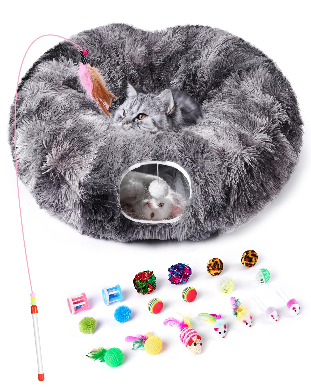 Tunnel per gatti con 20 giocattoli interattivi, 3 in 1 fai da te, pieghevole, in peluche, con tappetino lavabile, grande tunnel da gioco per interni per gattini e piccoli animali