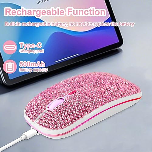 Miniatura 5 de Ratón inalámbrico Bluetooth lindo rosa brillante cristal Rhinestone ratón de computadora con luz LED 2.4GHz y Bluetooth Dual Mode recargable