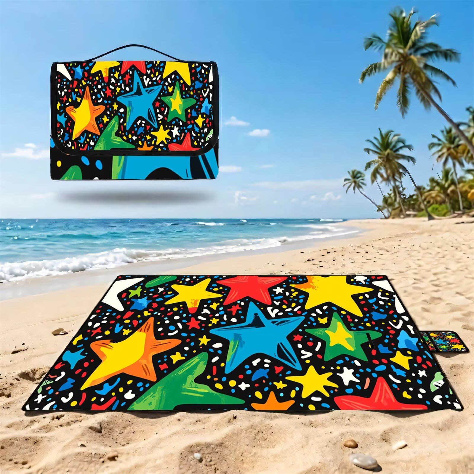 Couverture Pique Nique Grande 200x300cm,Outdoor Couverture Imperméable,Pliable Tapis de Plage Dos en PVC Anti-Sable,Picnic Blanket pour Camping Accessoires,Jardin,Parc - étoiles colorées UZ-310
