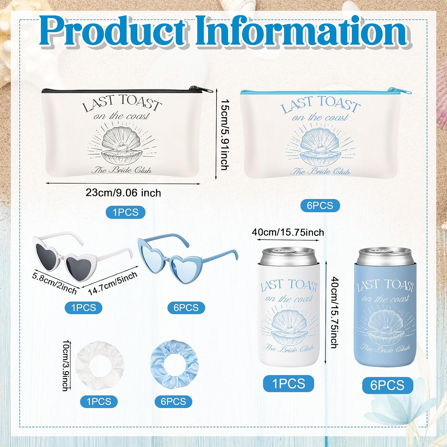 Abbylike 28 Pcs Last Toast on the Coast - Bachelorette Party Supplies, Pre-wedding Party Decor, Including Makeup Bag Hair Tie Sunglasses and Beer Can Cooler Sleeves Gift for Bride Bridesmaid(Blue)