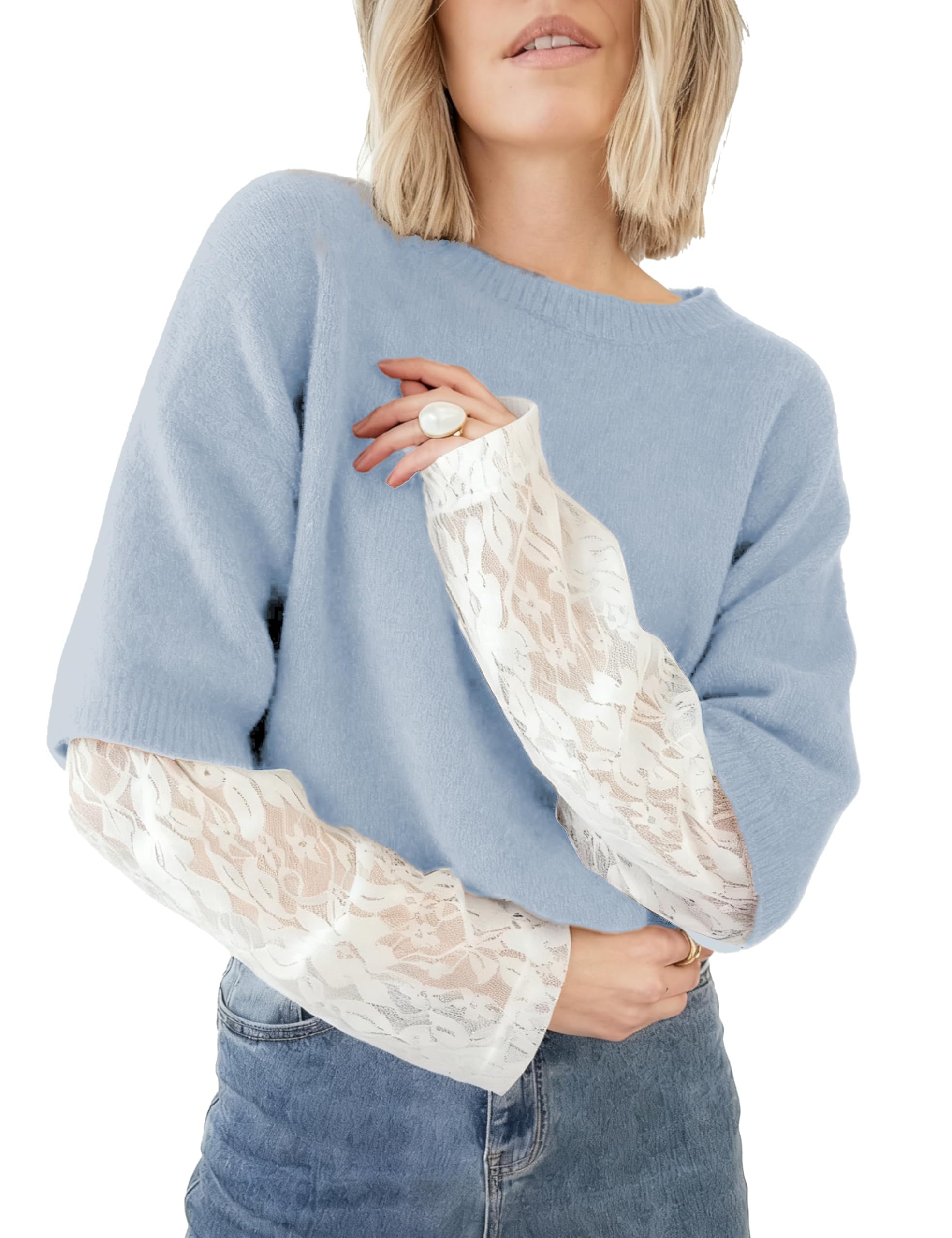 Women's Long Sleeve Sweater Crewneck Lace Patchwork Pullover Casual Lightweight Ribbed Knit Tops-picture-31