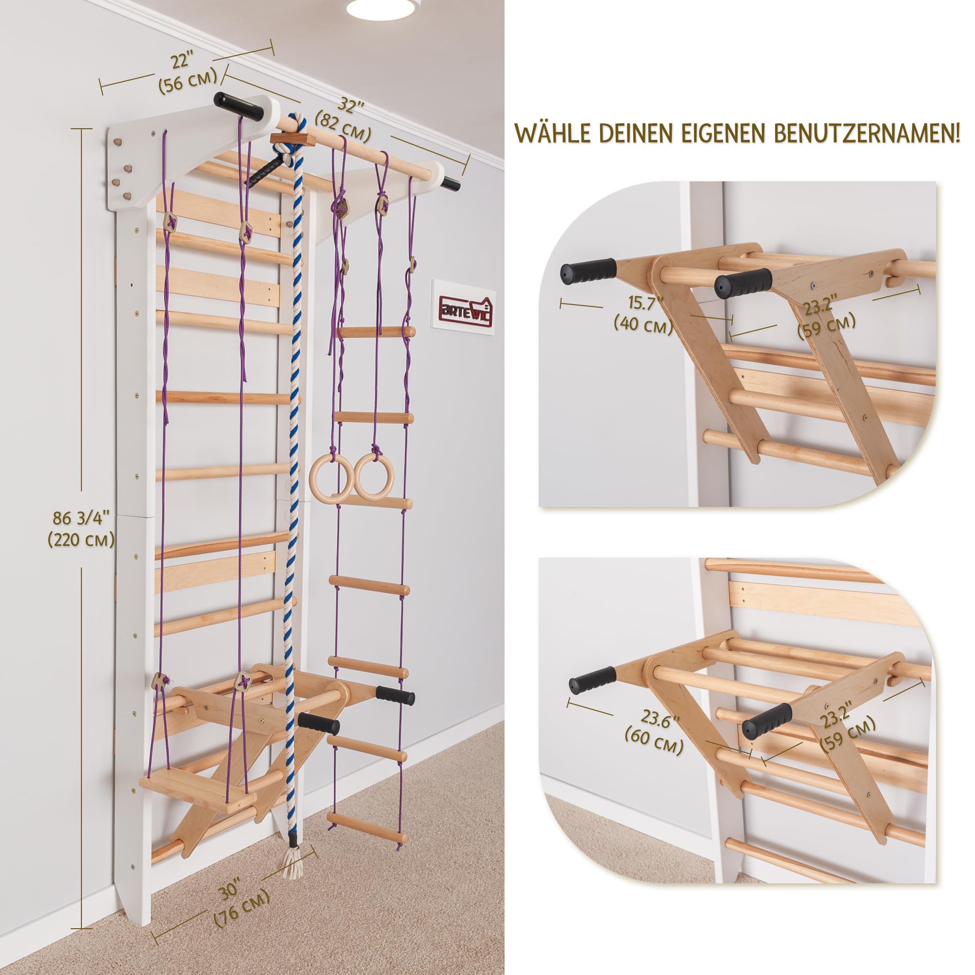 Sprossenwand Holz mit Zubehör (Ringe, Seil, Schaukel) - Indoor Klettergerüst für Kinder & Erwachsene - Turnwand massiv bis 150kg - Kletterwand für das Kinderzimmer (Weiß)