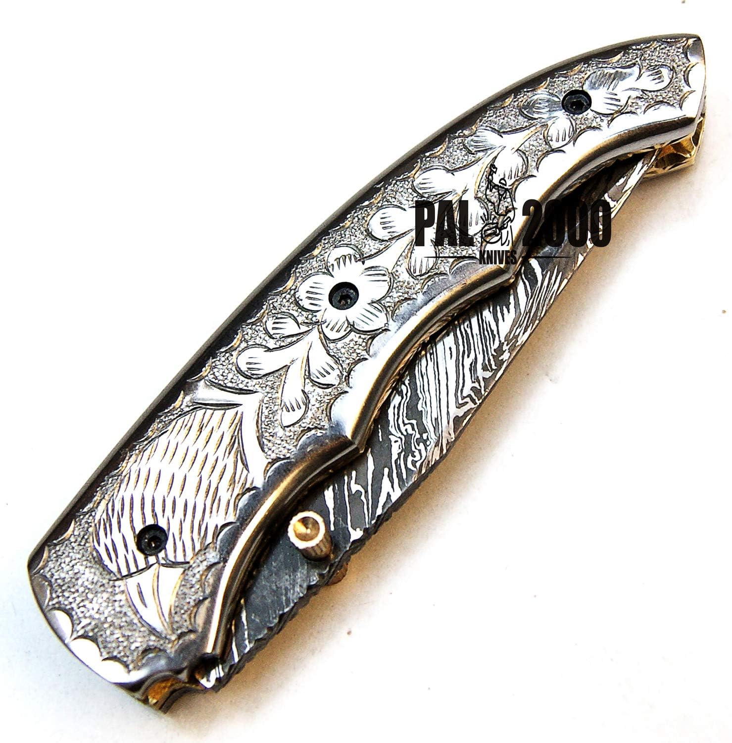 PAL 2000 KNIVES POC-9428 Custom Handmade Damascus Steel Blade Folding Pocket Hunting Knife with Sheath
