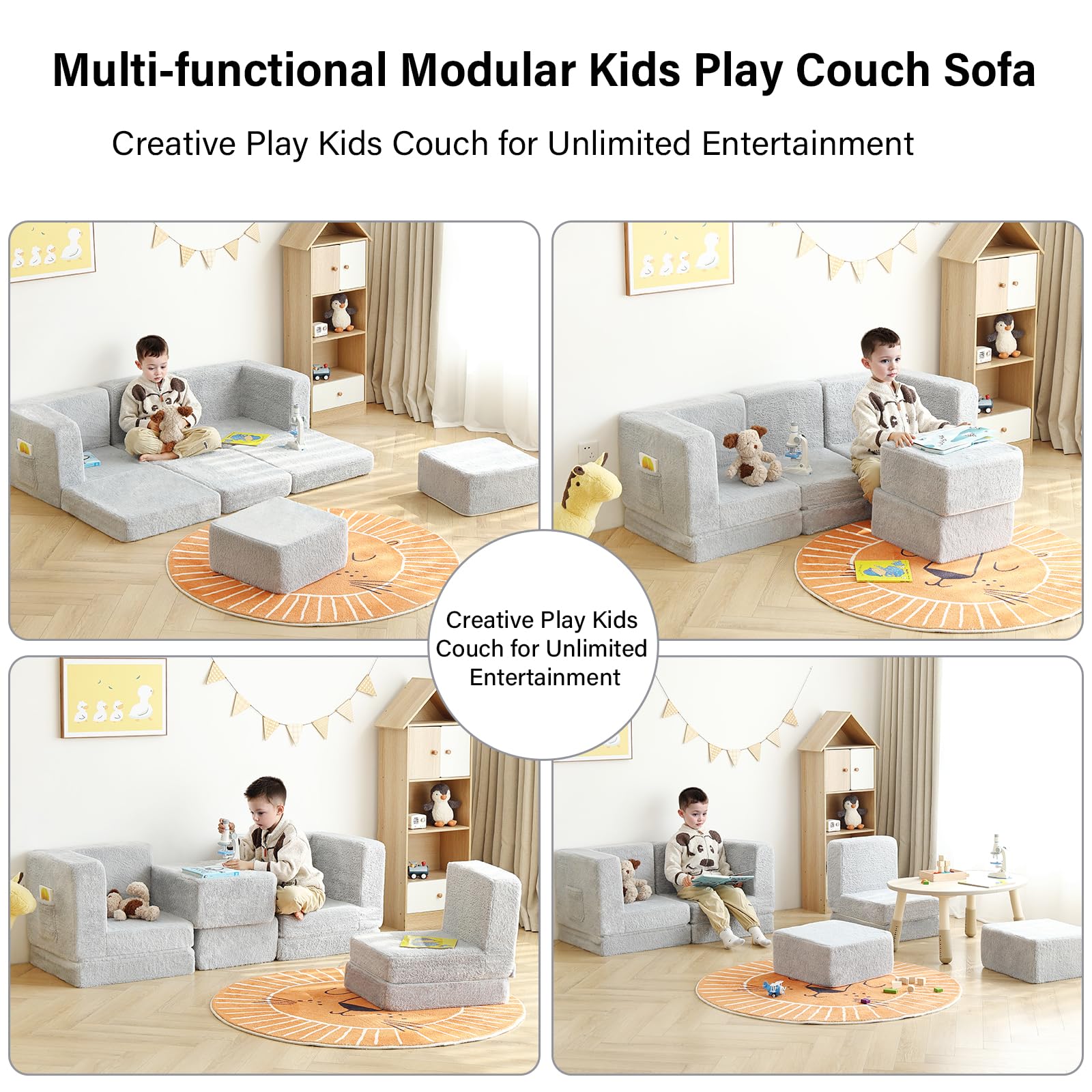 Tiita Modular Kids Play Couch, Convertible Folding Sofa for Boys and Girls, Child Sectional Sofa, Versatile Kid Couch for Playroom, Bedroom, Living Room, Grey