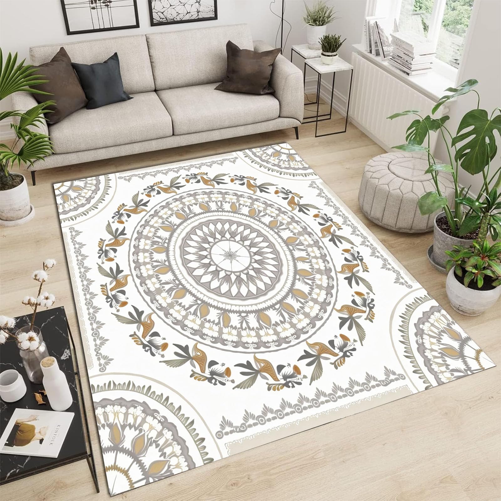 Tapis motif floral circulaire blanc à poils courts 120x180cm