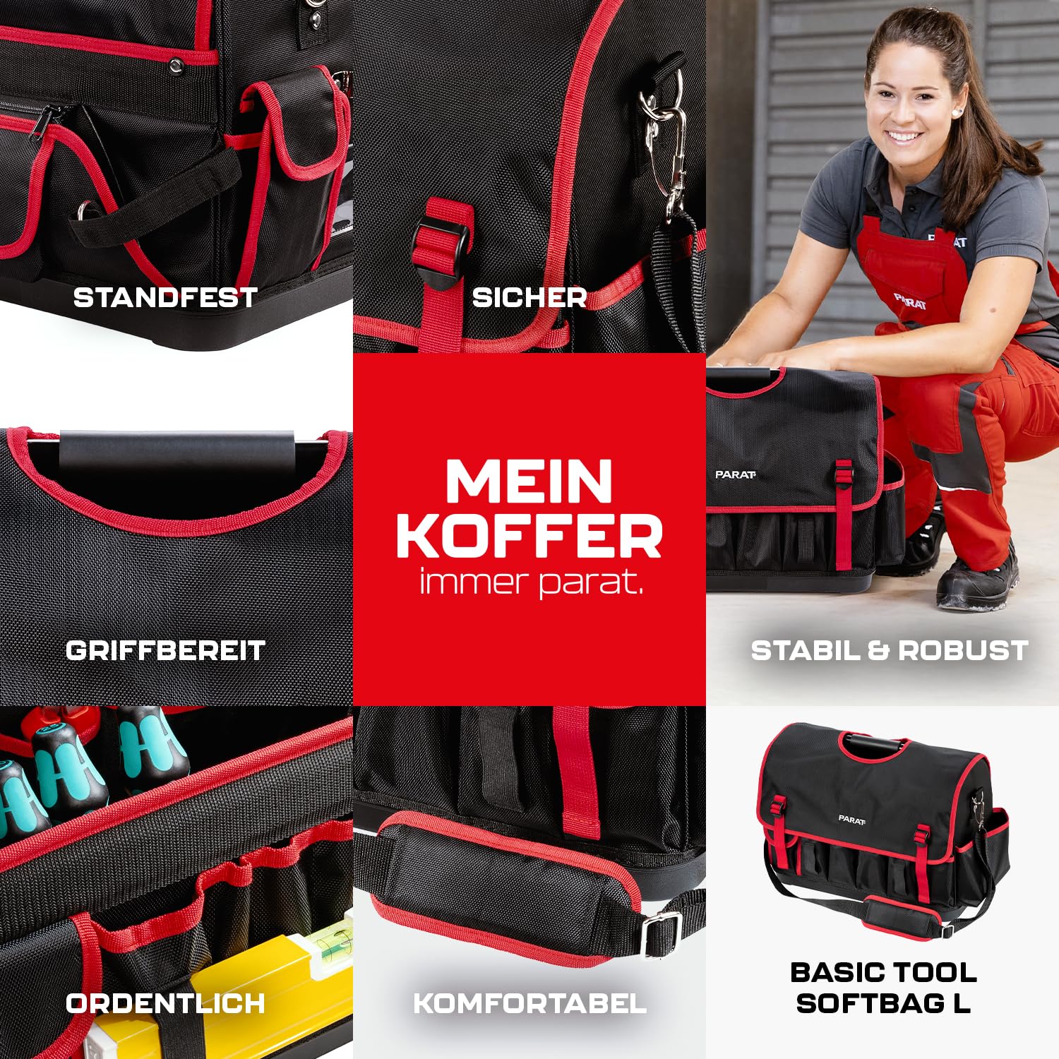 PARAT Basic Tool Softbag L - Bolsa de herramientas con capacidad de 32 l y 51 espacios para herramientas, resistente bolsa de herramientas de nailon con correa para el hombro y asas de transporte