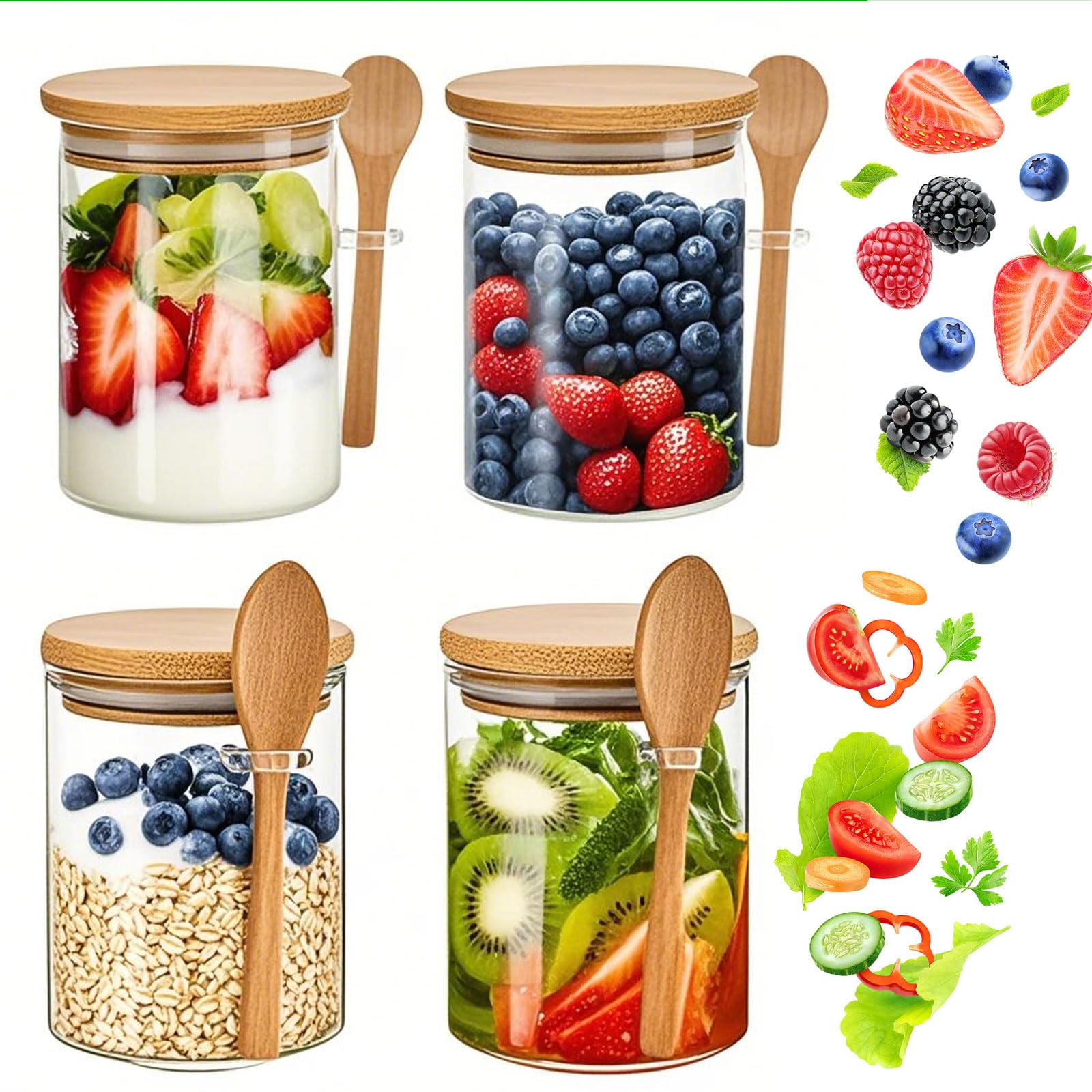 4-Pack 18.5oz Airtight Glass Meal Prep Containers with Lids – Overnight Oats Jars for Coffee, Nuts, Candy, Chia Seed Sugar & Pudding | Leakproof Borosilicate Glass Food Storage Jars