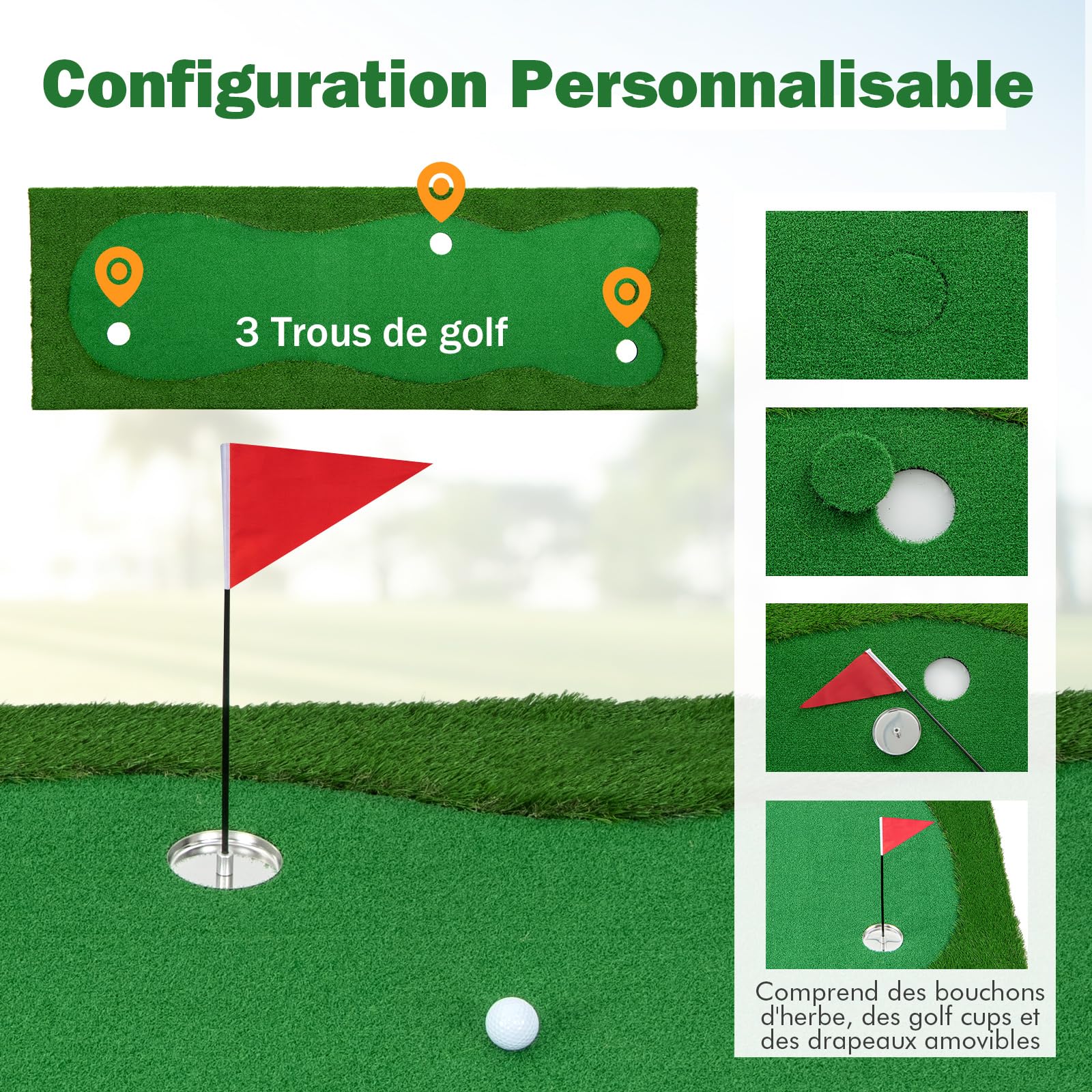 COSTWAY Tapis de Frappe de Golf 300 x 100 cm, Tapis d'Entraînement de Golf avec Pelouse Artificielle 3 Trous 3 Drapeaux Gobelets, Green de Putting de Golf pour Intérieur & Extérieur