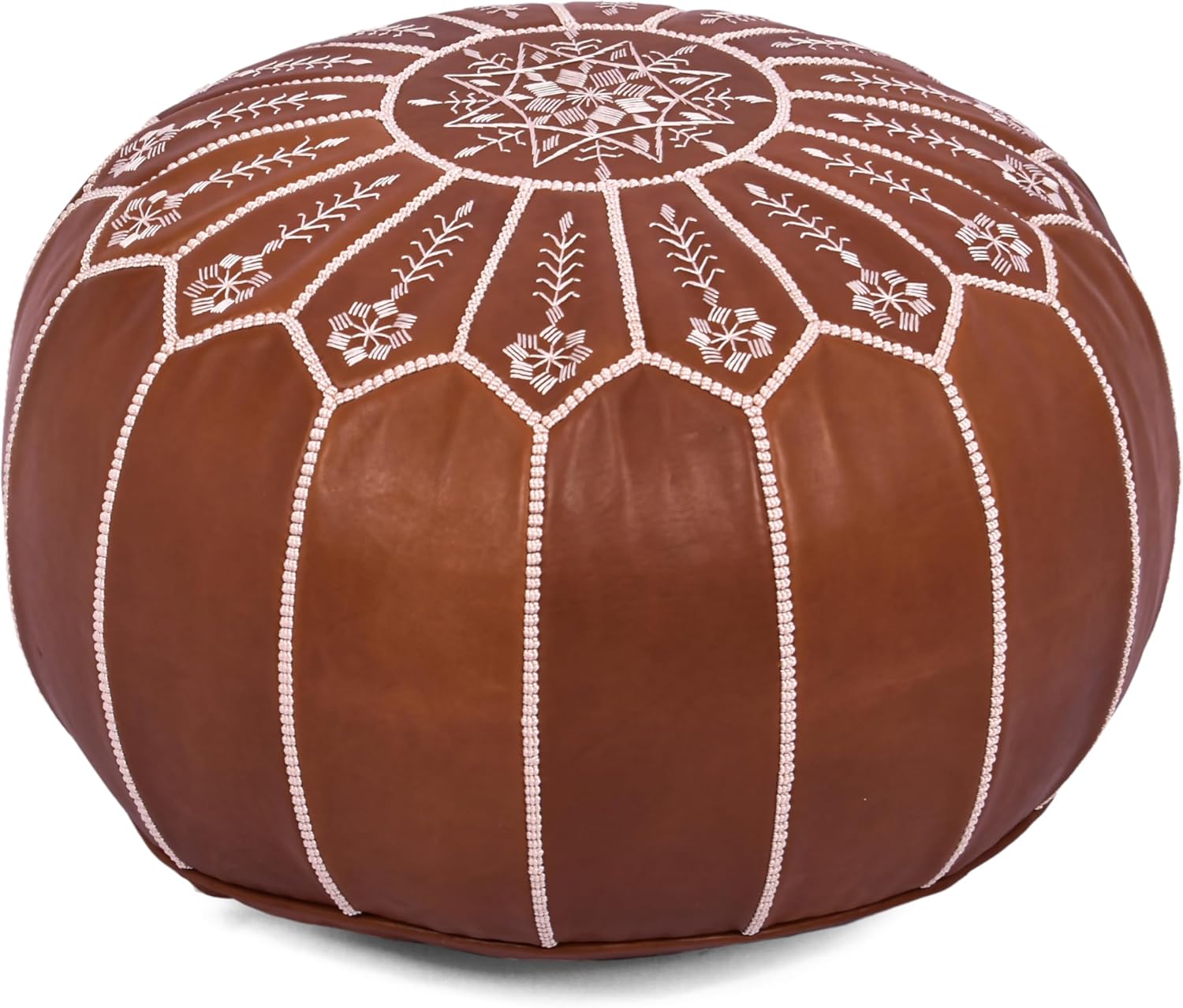 Luxurious Moroccan Leather Pouf Ottoman, Round Boho Stuffed Pouf - Handmade, Durable & Versatile For Any Setting, Dark Tan Ottoman Footrest Embroidered Cushion, Perfect For Home Decor