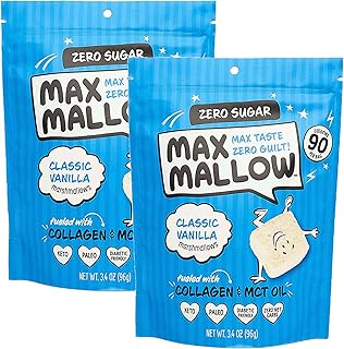 Max Mallow Sugar Free Marshmallows - Keto Friendly, Perfect for S'mores, Hot Chocolate, and Baking with Zero Sugar Snacks, Smores Mct Oil Zero Sugar Marshmellow Marshmallow Classic Vanilla, 2 Pack