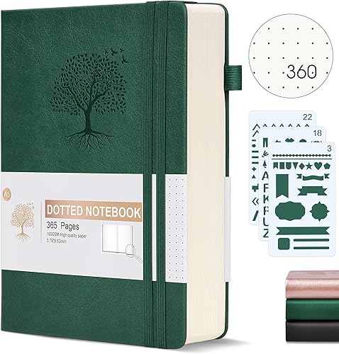 Cuaderno de puntos, 360 páginas numeradas, diario de cuadrícula de puntos, papel de punto de 3.53 ozm de tapa dura gruesa, diario de cuero para