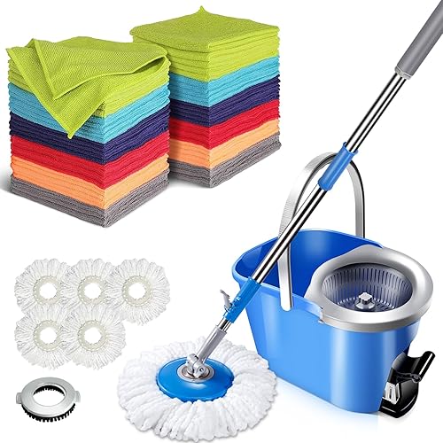 Masthome Juego de trapeador y cubo con escurridor con 5 repuestos de microfibra y 1 cabezal de cepillo de piso y 60 paños de limpieza de microfibra,
