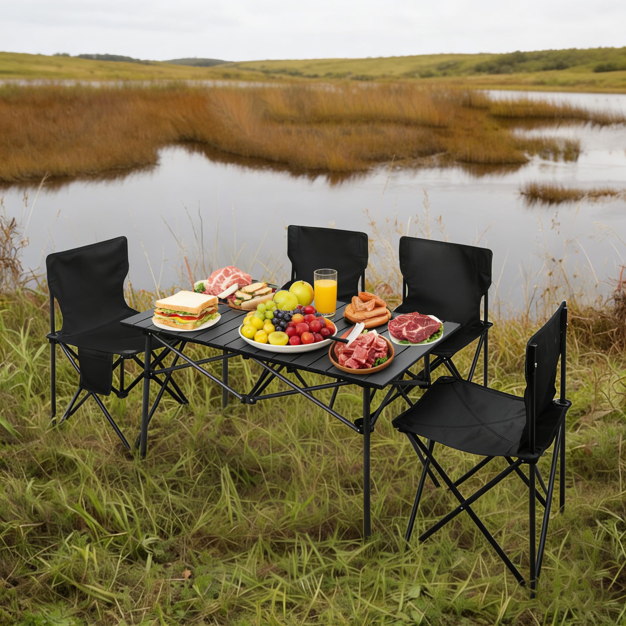 Ensemble table et chaises de camping, table pliante avec 4 chaises, ensemble de table d'extérieur portable pour la pêche, le barbecue, le pique-nique, les fêtes de jardin avec grand