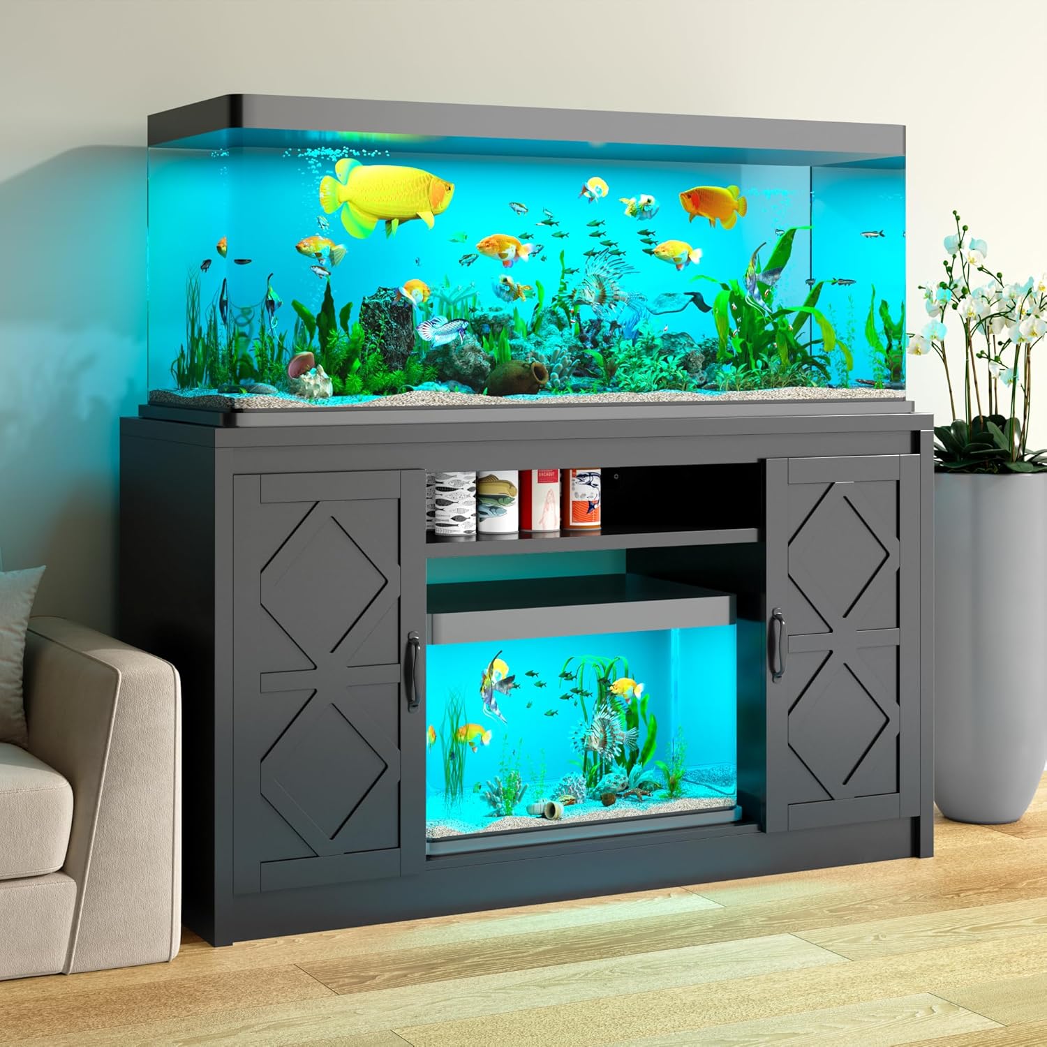 55-75 Gallon Fish Tank Stand with Diamond Doors & Power Outlet, Heavy Duty Aquarium Stand with Cabinet Storage for Fish Tank, Turtle Tank, Reptile Terrarium (Black)