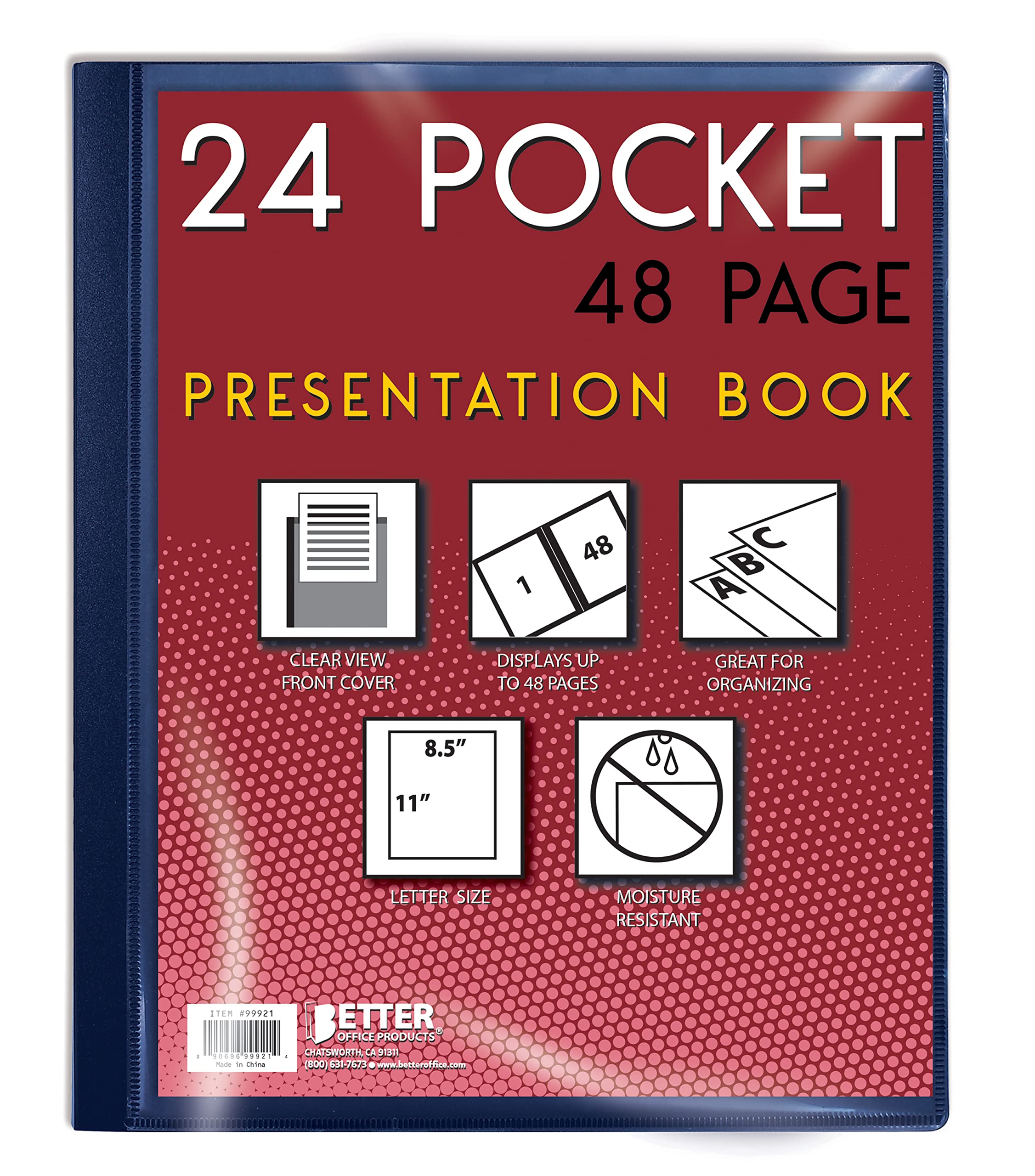 Better Office Products 24 Pocket Bound Presentation Book, Blue with Clear View Front Cover, 48 Sheet Protector Pages, 8.5" x 11" Sheets, Art Portfolio, Durable Poly Covers, Letter Size, Blue