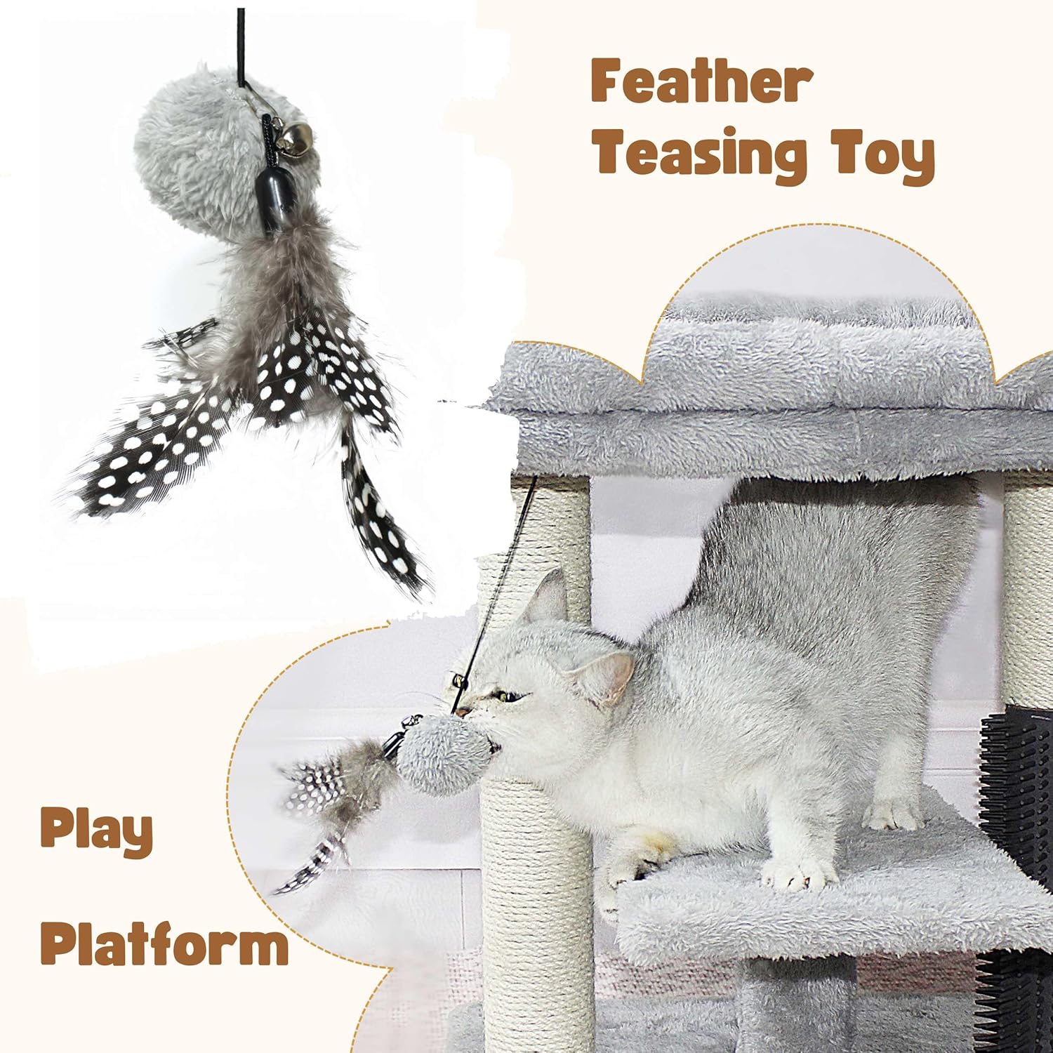 review Cat Tree Tower with Natural Sisal Scratching Post,Feather Teasing Toy, Spacious Perches,Cat Self Groomer,Easy to Assemble
