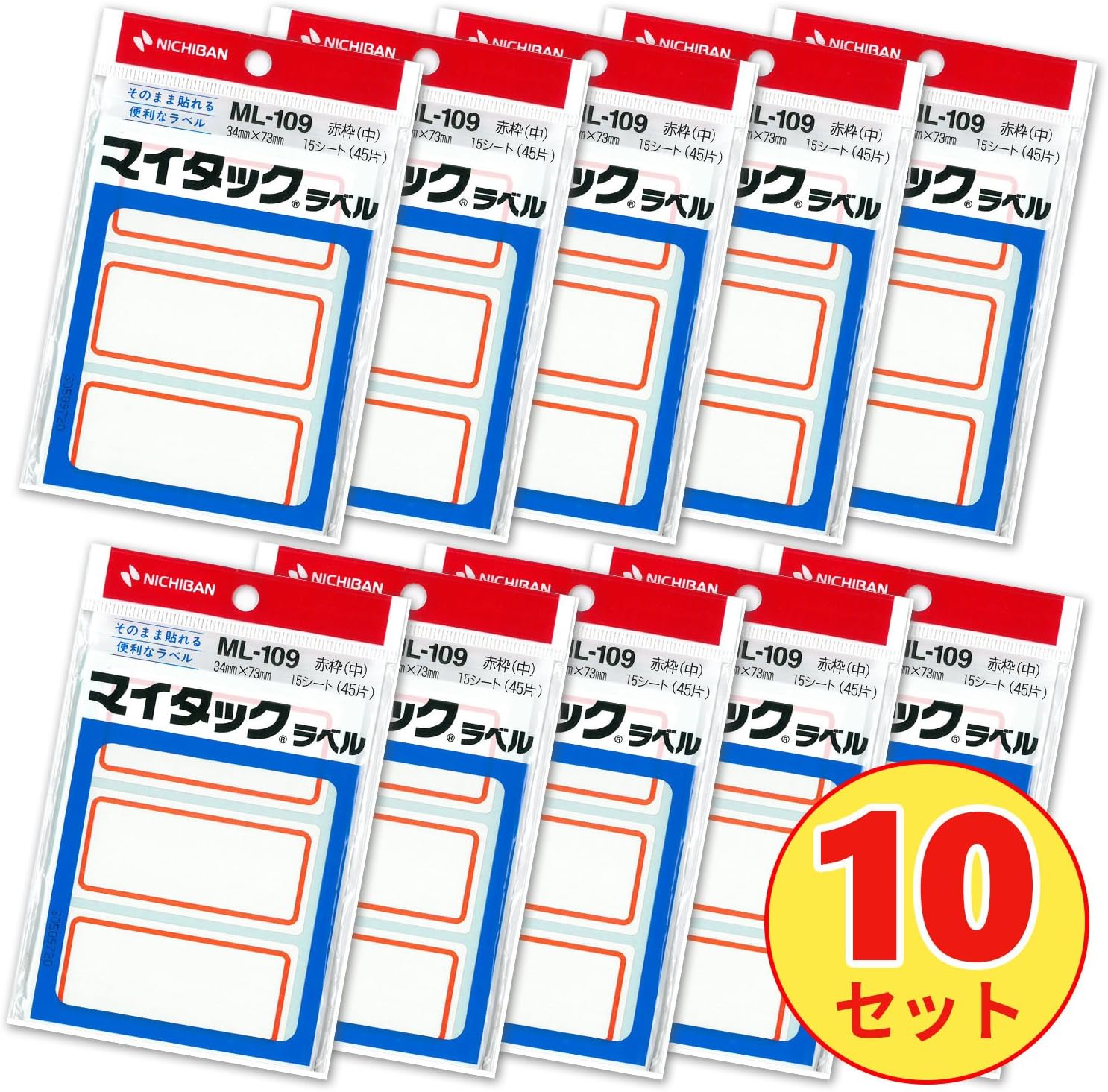 Nichiban ML109-10P My Tack Label Paper, Framed, 1.3 x 2.9 inches (34 x 73 mm), 10 Pieces, Red
