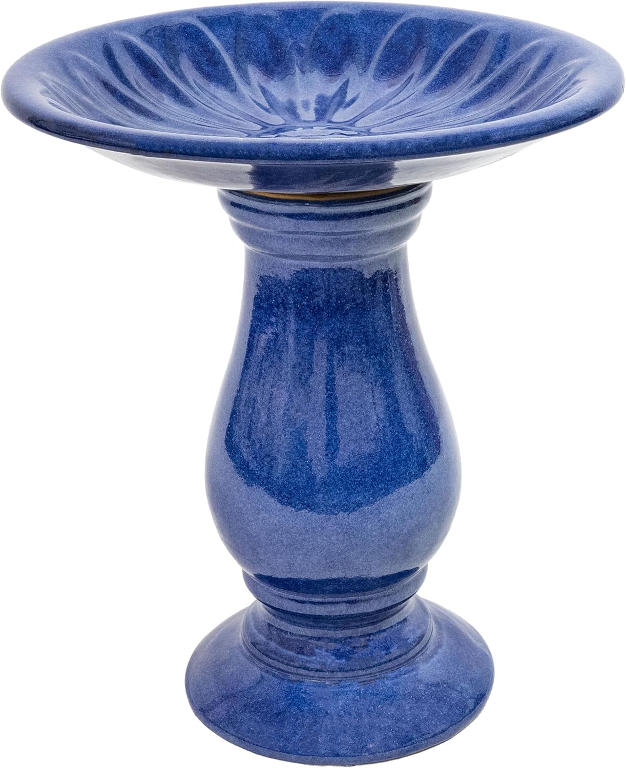 Sunnydaze Blue Ceramic Bird Bath for Outside - 21.5" H Garden Bird Bath - Daisy Embossed Bowl - UV-/Frost-Resistant Glaze Finish