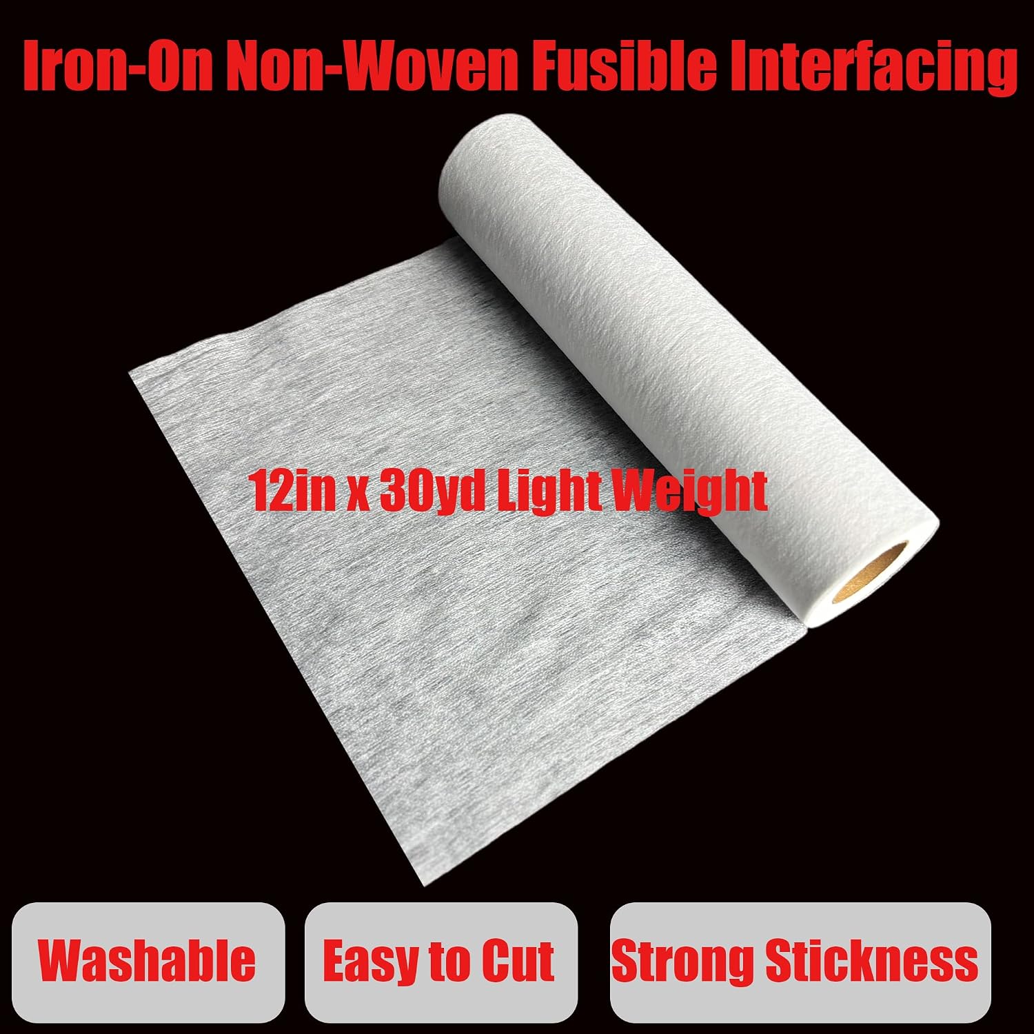 Lightweight Non-Woven Fusible Iron-On Interfacing, White, 12 Inch x 30 Yard Roll, Heat-Activated Adhesive, Washable, for Lightweight Fabrics