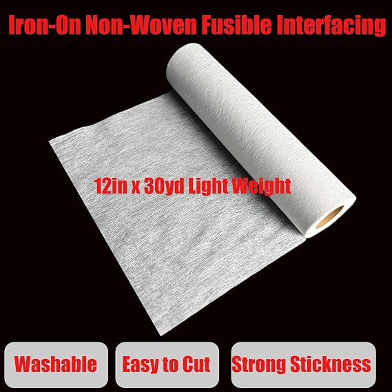 Lightweight Non-Woven Fusible Iron-On Interfacing, White, 12 Inch x 30 Yard Roll, Heat-Activated Adhesive, Washable, for Lightweight Fabrics