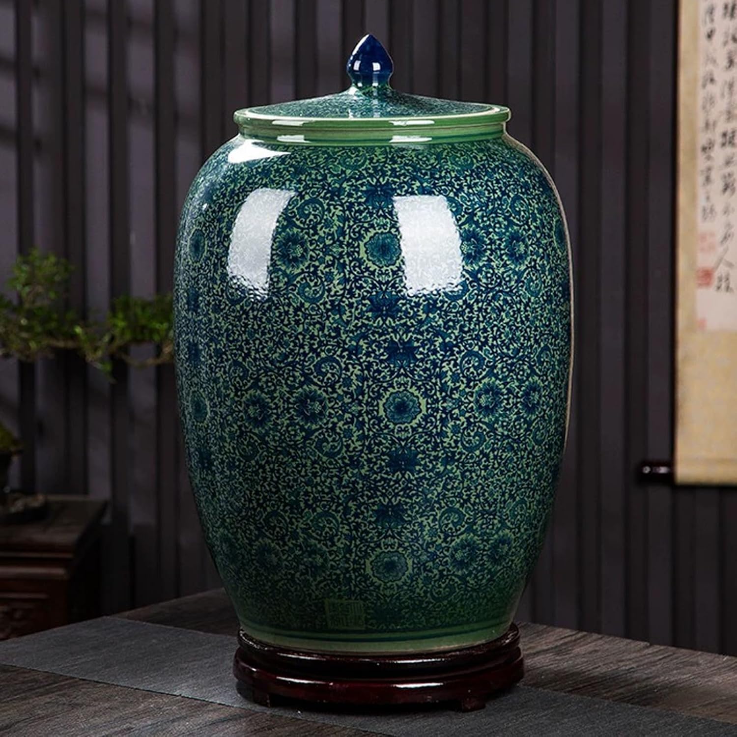 JKGHK Ceramic Rice Bucket, Ceramic Rice Jar with Lid, Grain and Rice Storage Ceramic Container, Sealed Food Storage Container, for Beans Corns Wheat(GreenB,50kg)