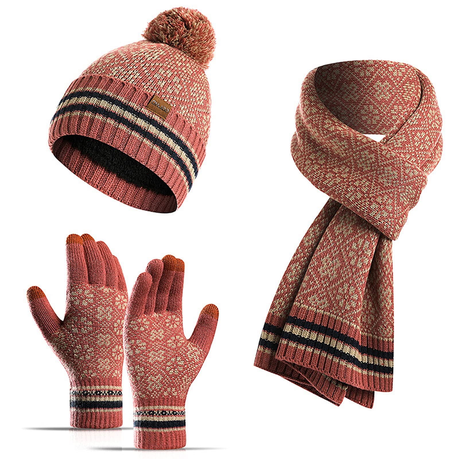 Wygwlg Berretto Invernale da Donna, Sciarpa Calda al Collo e Guanti per Touchscreen, 3 Pezzi Set Caldo per Il Freddo per Le Ragazze delle Donne (Color : Red, Size : 36 * 28 * 5cm)