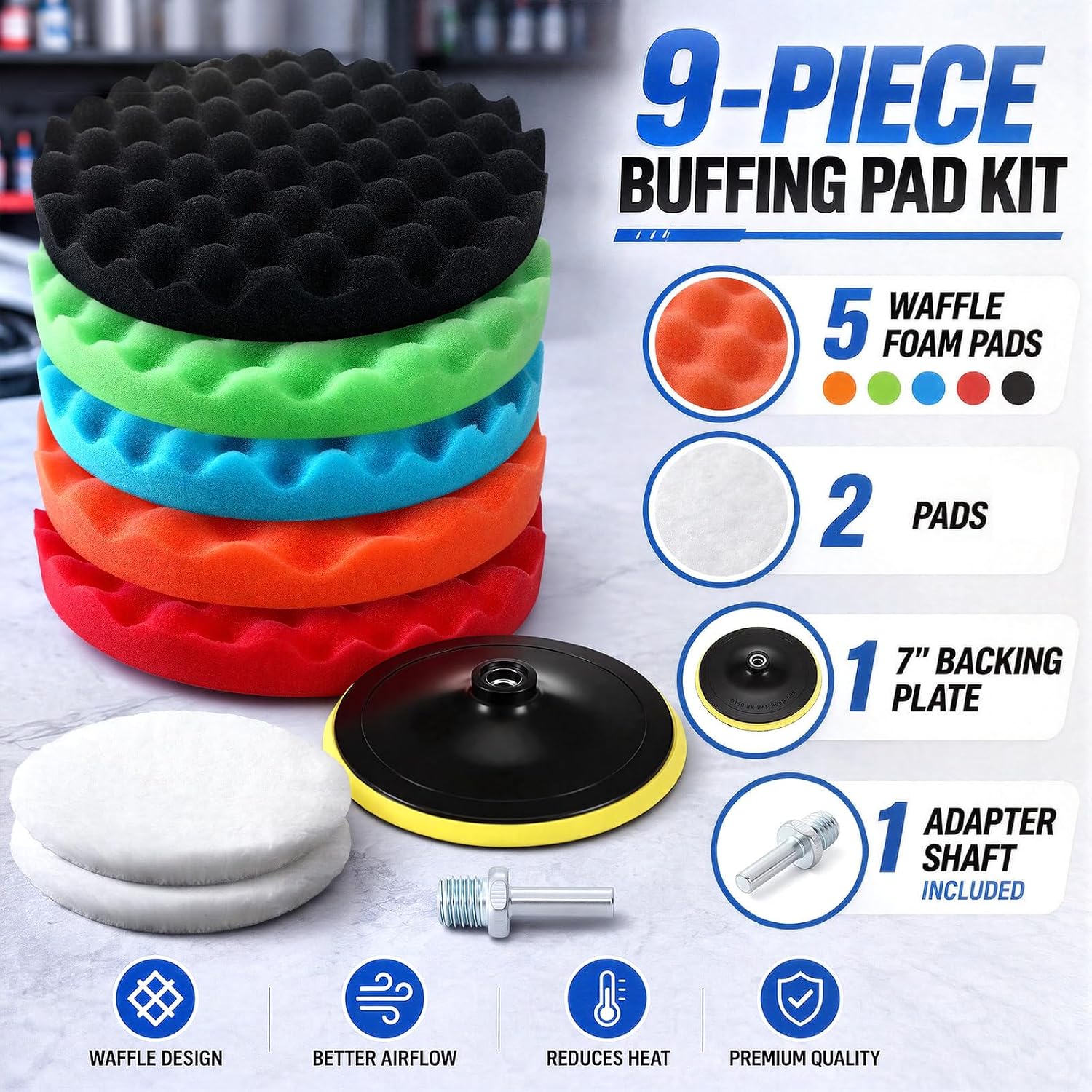 9 Pcs Polishing Pads Kit 8 Inch Waffle Foam Buffing Pads 7 Inch Wool Pad