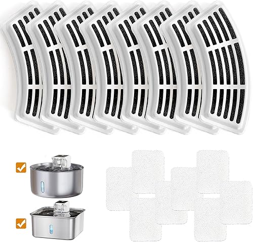 LIFFY Reemplazo del filtro de fuente del dispensador de agua para mascotas de acero inoxidable con 8 esponjas (8 filtros y 8 esponjas)