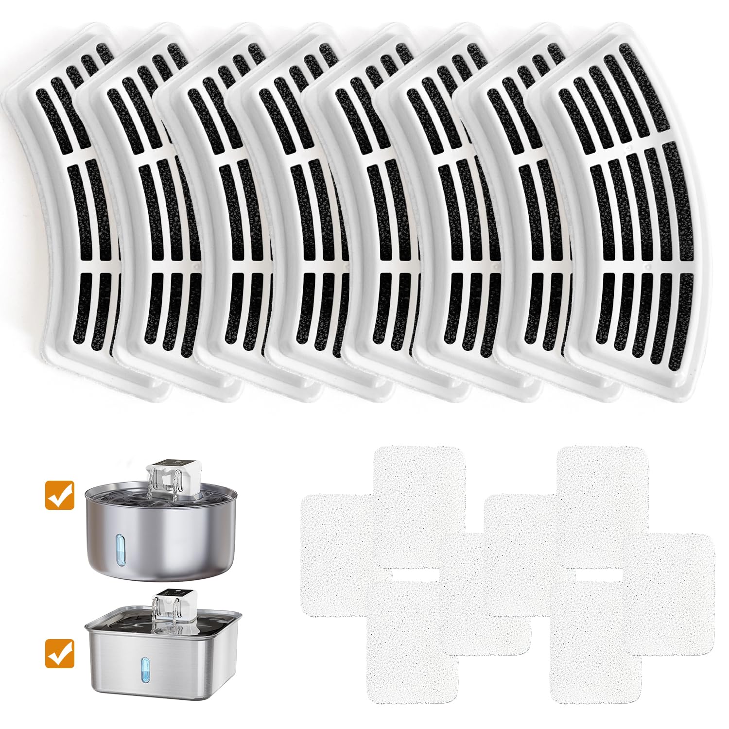 LIFFY Stainless Steel Pet Water Dispenser Fountain Filter Replacement with 8 Sponges (8 Filters&8 Sponges)