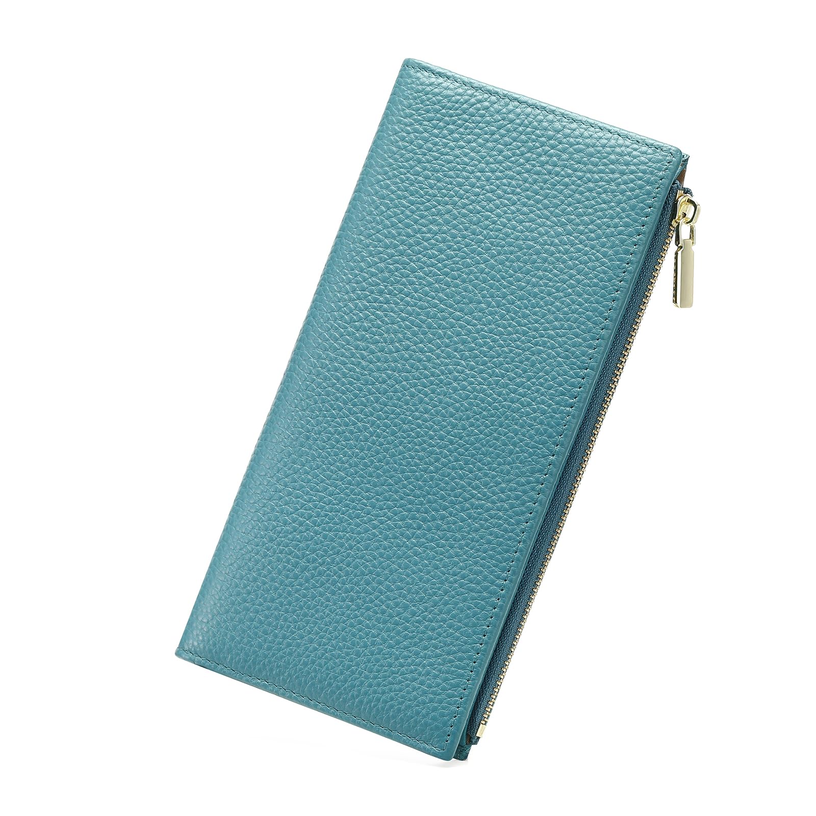 GOIACII Slim Wallet for Women Rfid Blocking Credit Card Holder with Zip Pocket Bifold Vegan Pebble Leather Blue