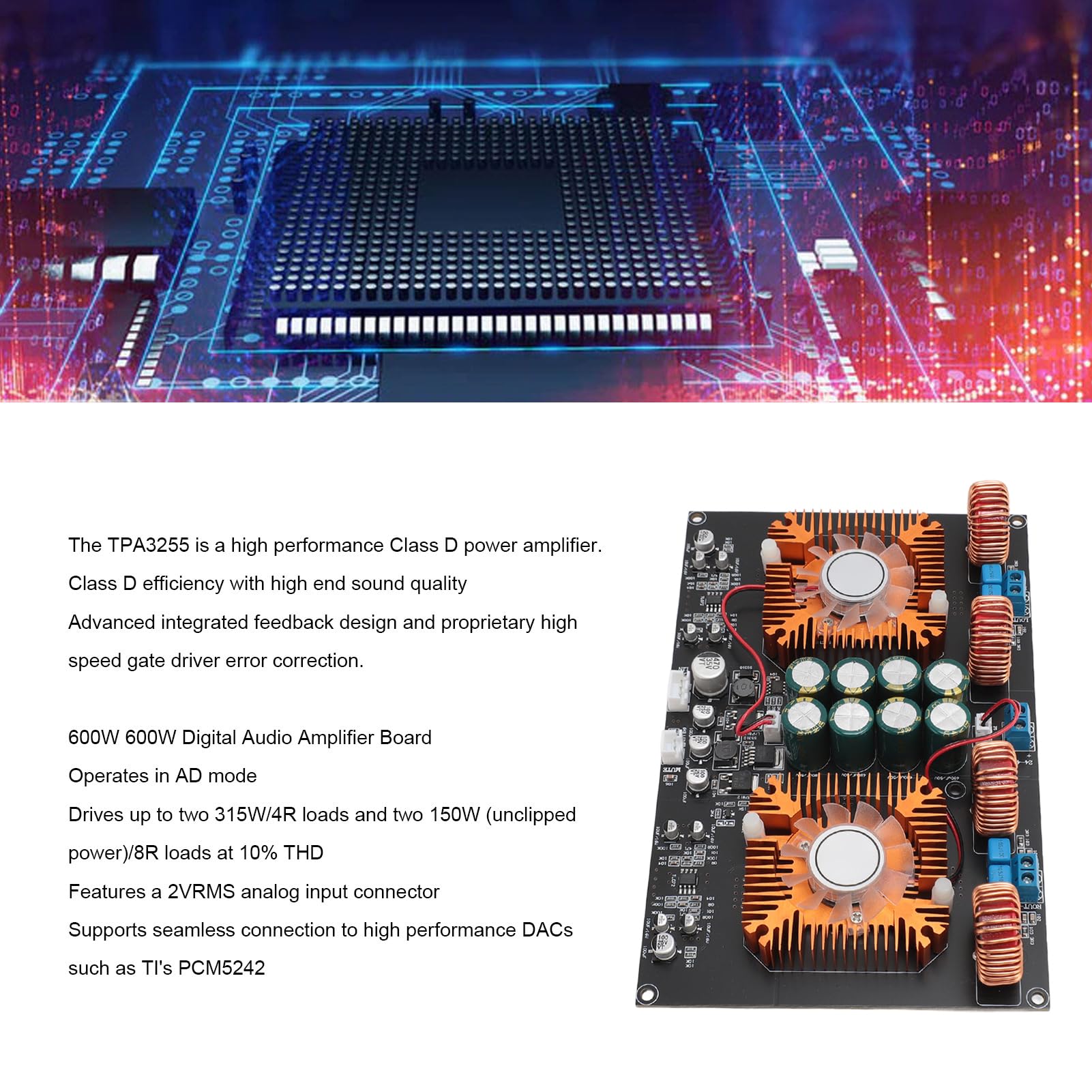 TPA3255 Power Amplifier Board, Digital Stereo Amplifier Board, Dual Core Class D High Power 600W 600W DIY Audio Power Amp Module for Home Theater