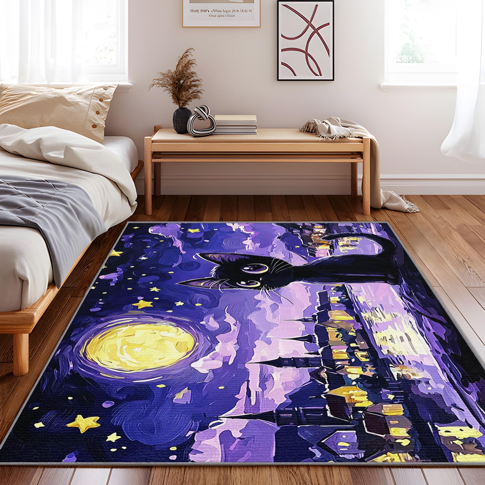 Katzen Teppich Kinderzimmer - Teppiche Wohnzimmer Schlafzimmer Katzenmotiv, Großer Teppich Cartoon, Weich Kurzflor & Waschbar & rutschfest Kinderteppich, Bettvorleger 100x200 cm
