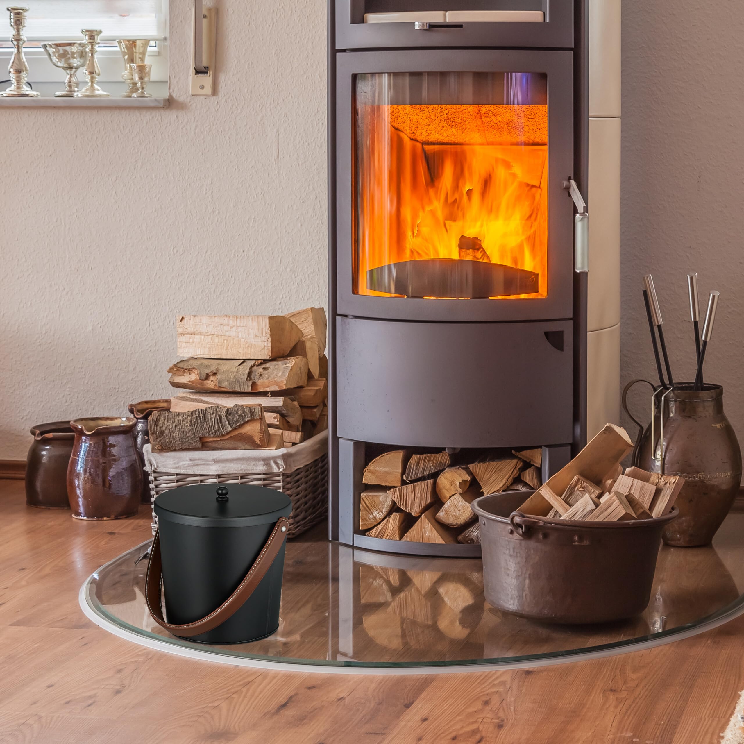 Relaxdays Secchio Raccogli Cenere con Coperchio, da 4,5 L, Manico in Pelle, Cestello Carbone in Ferro, Nero Marrone