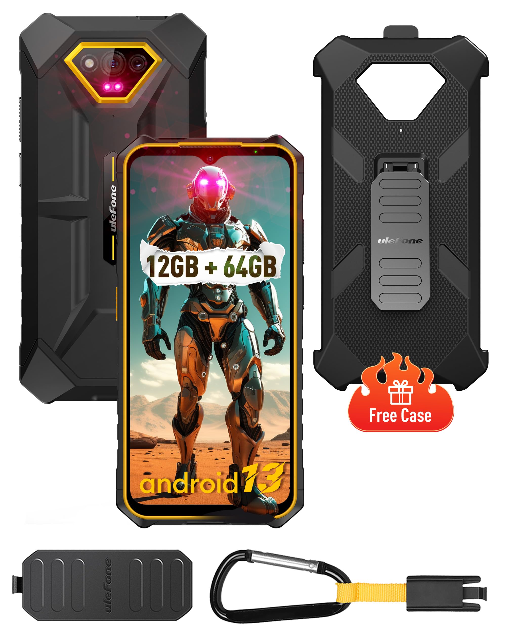 Ulefone Armor X13 Rugged Phone, 12GB RAM 64GB ROM, 6320mAh, 6.52" Tough Screen, 50MP+24MP Night Vision Camera, 3-Card Slot 4G Dual SIM, Android 13 NFC, Fingerprint Face ID, Orange