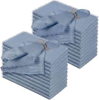 Preboun 24 Pcs Linen Napkins Bulk Cotton 17x17 Fringe, Blue