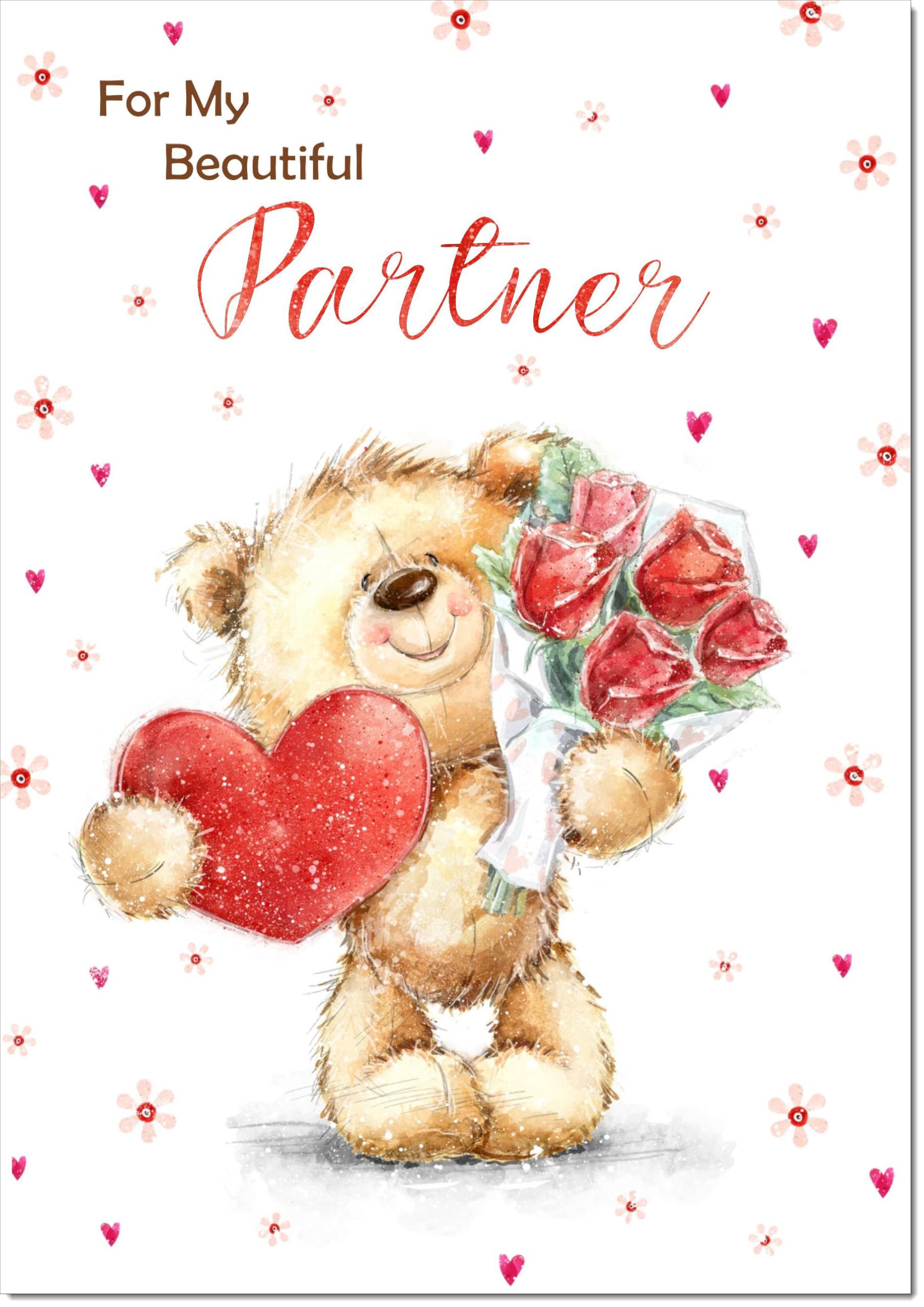 doodlecards Partner Valentine's Day Card Teddy with Love Heart and Flowers Large A4 Size with Plain Envelope