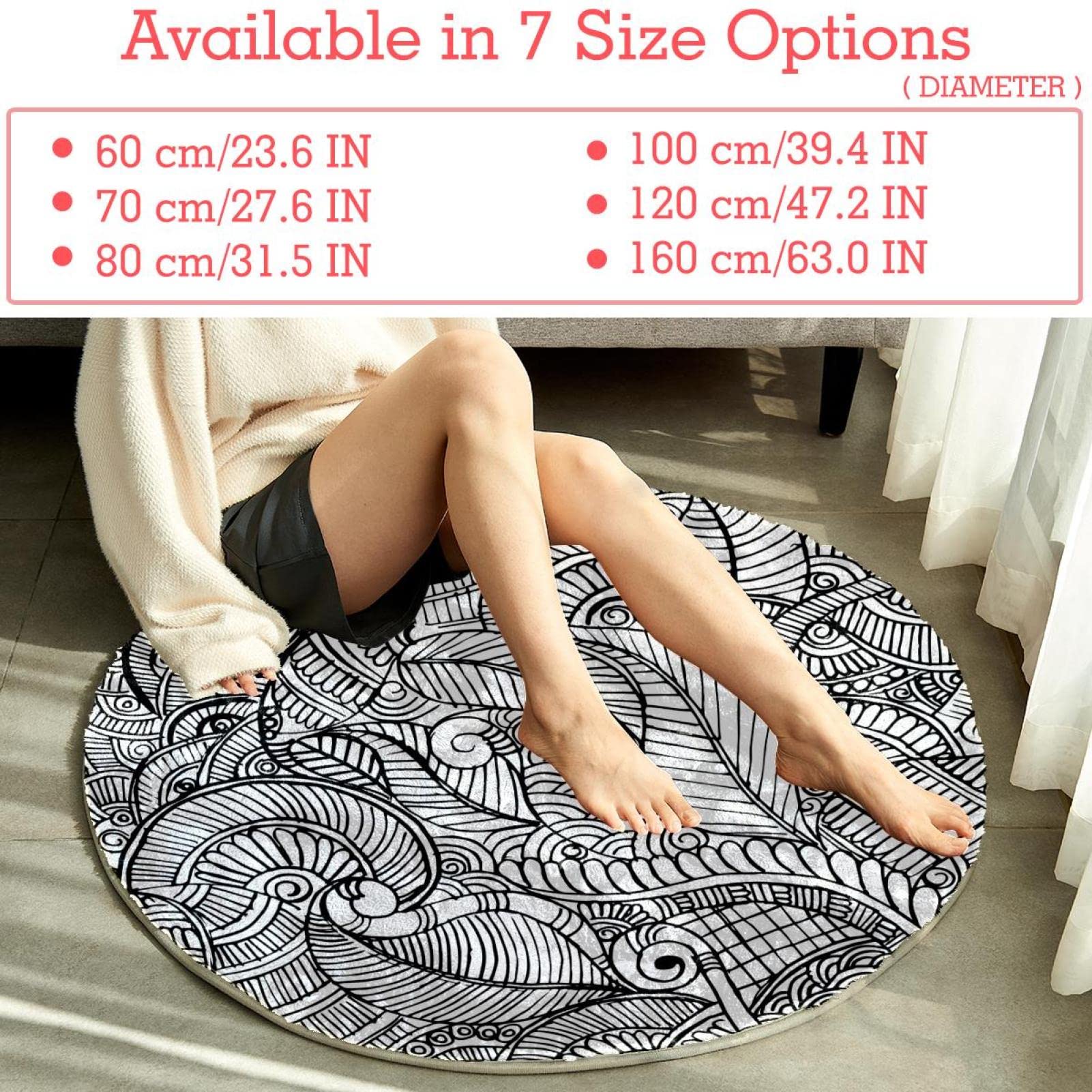 Teppich für Schlafzimmer, Wohnzimmer, Mandala, Henna, rund, Schwarz / Weiß