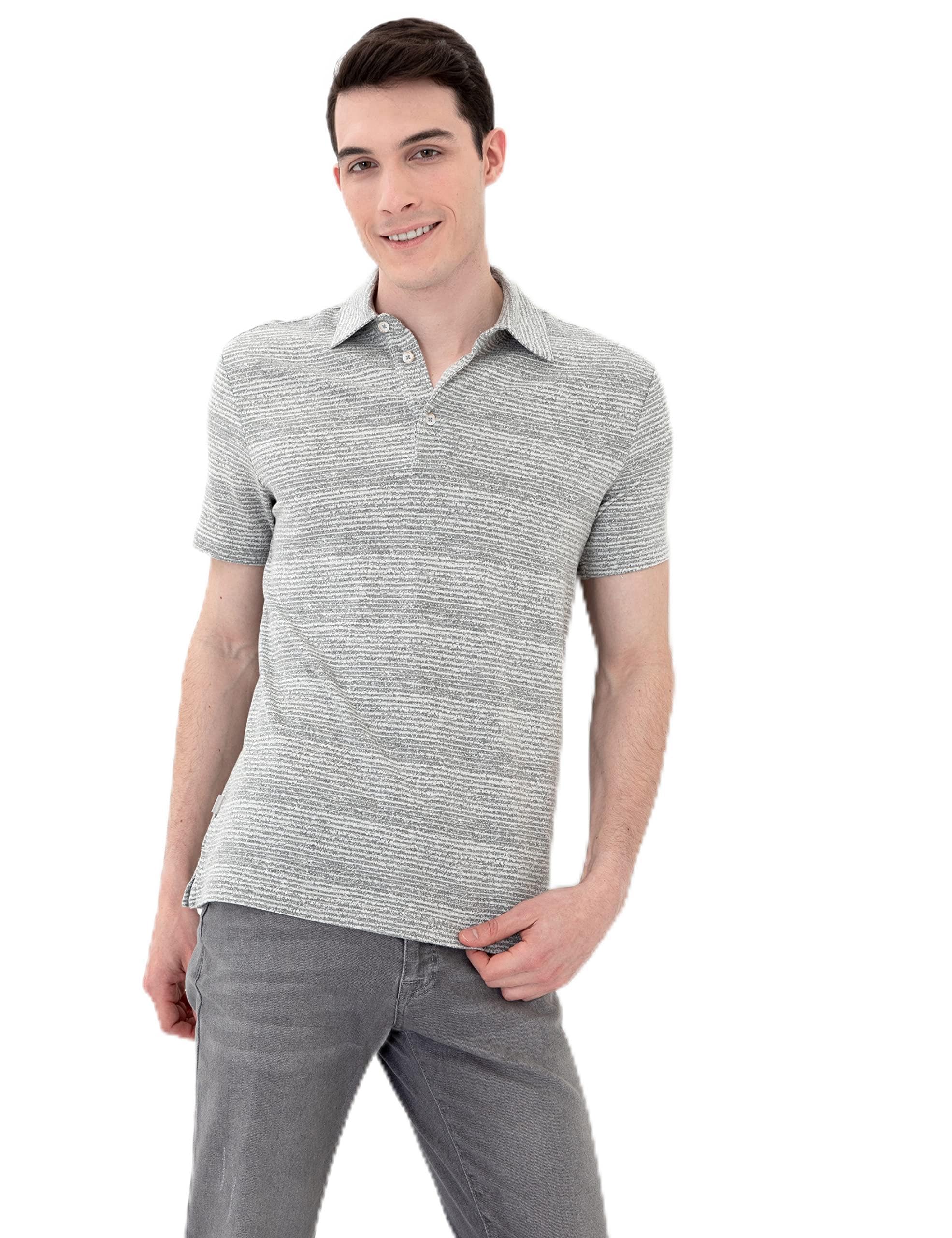 Erkek Gri Melanj Slim Fit Baskılı Polo Yaka Tişört