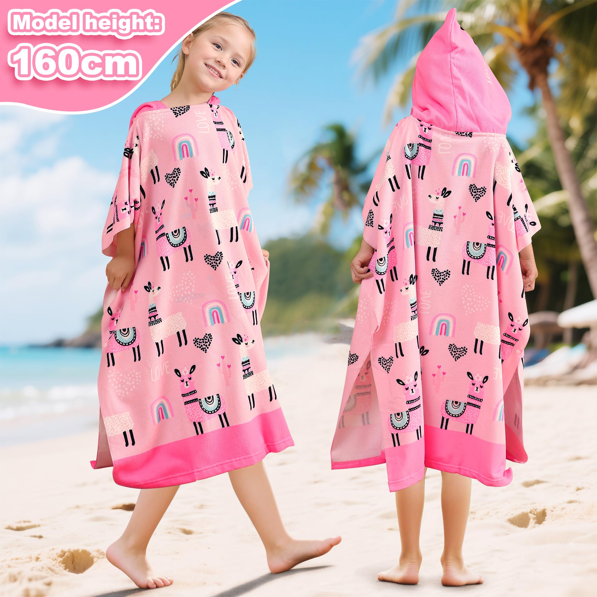 Badeponcho Kinder Mikrofaser Badetuch Strand Badehandtuch mit Kapuze Groß Handtuch Poncho Rosa Alpaka Drucken Lang Strandtuch 75*180cm Schwimmbad Weich Handtücher für 6-15 Jahre Jungen Mädchen