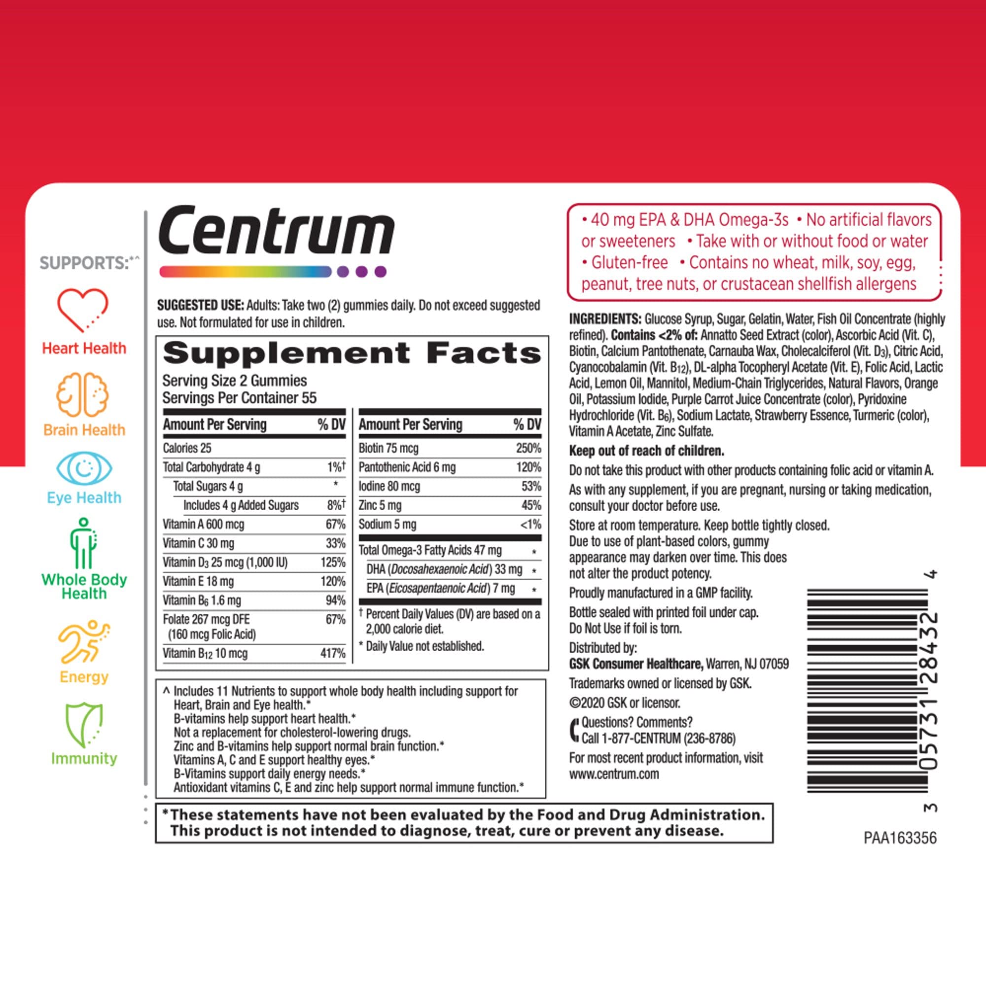 Centrum Multigummies Omega 3 Gummy Multivitamin for Adults, Fruit, 110