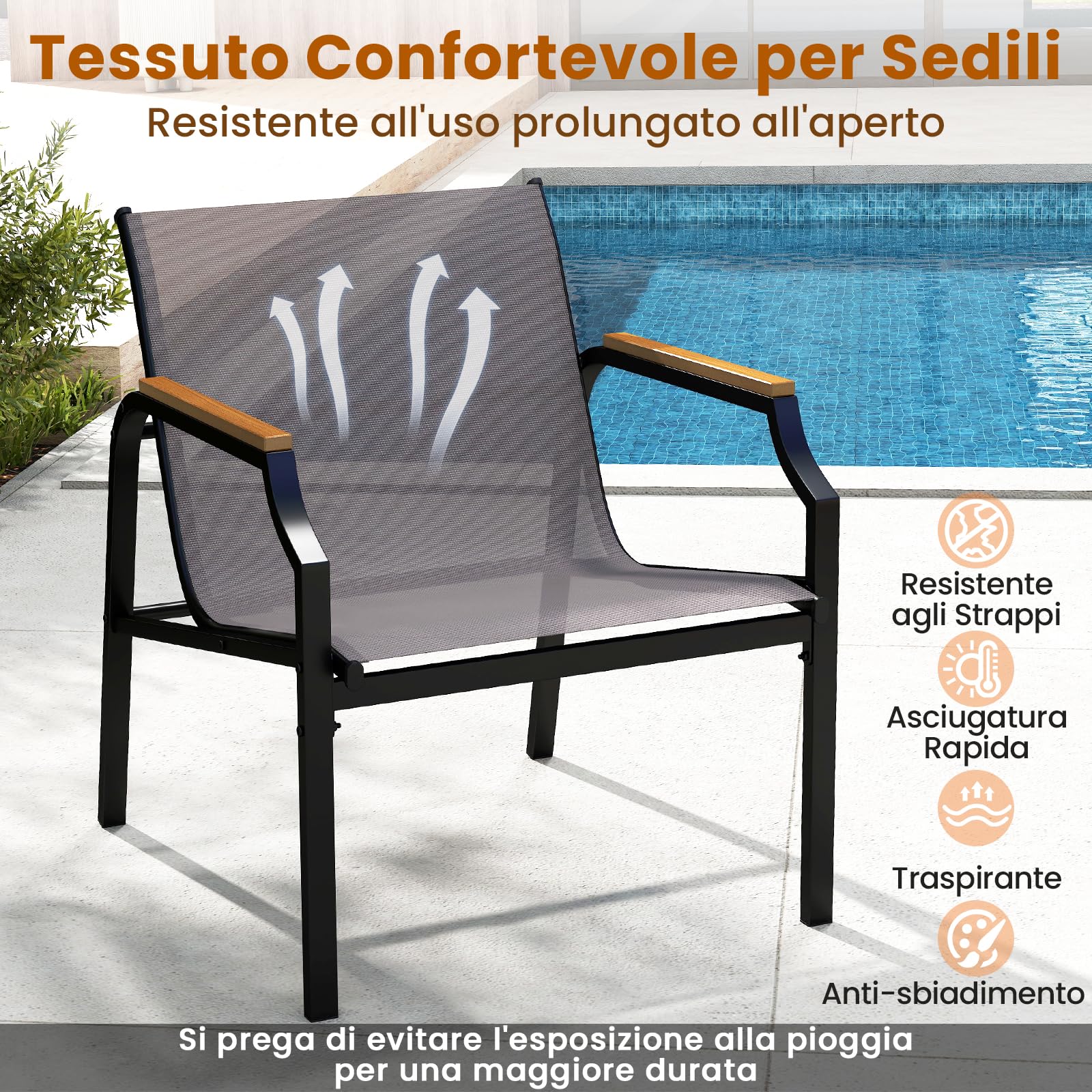 RELAX4LIFE Tavolo da Giardino con Sedie, Tavolino Salotto con Piano in Vetro Temperato e 2 Poltrona Moderne in Tessuto Traspirante, Set Bistrò 3 Pezzi per Terrazza/Patio/Balcone, Portata 150KG+50KG