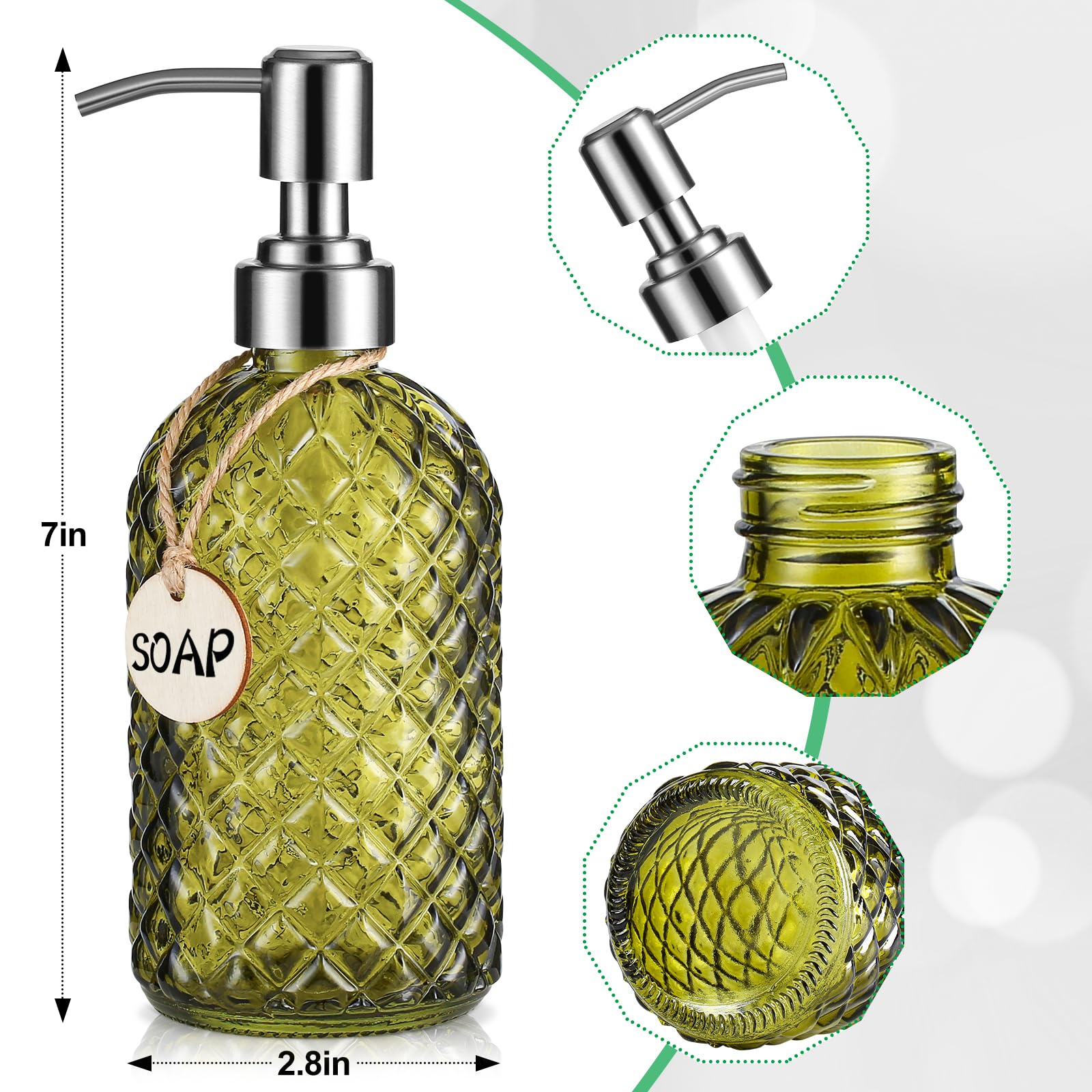 MOCLIF Dispenser di sapone trasparente con pompa in acciaio inossidabile 304 antiruggine da 473,6 ml, per bagno e cucina, in vetro liquido ricaricabile per sapone per mani, sapone per piatti, lozioni