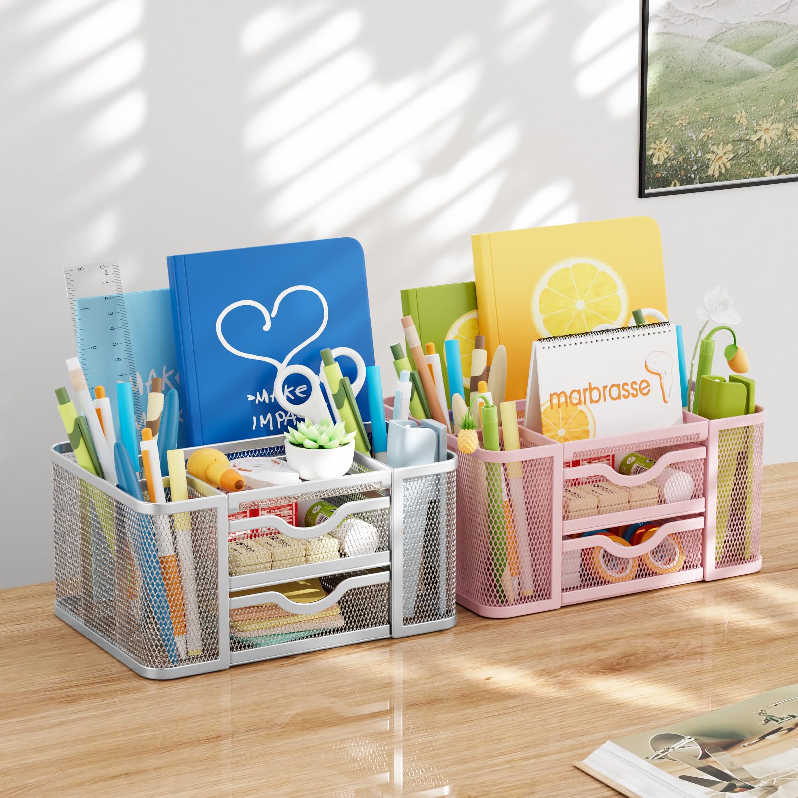 Marbrasse Organizer Scrivania,Multifunzionale Porta Penne da Scrivania,5 Comparti Rete Portaoggetti 2 Cassetti,Portapenne Scrivania,Portapenne per Casa Ufficio(Argento)