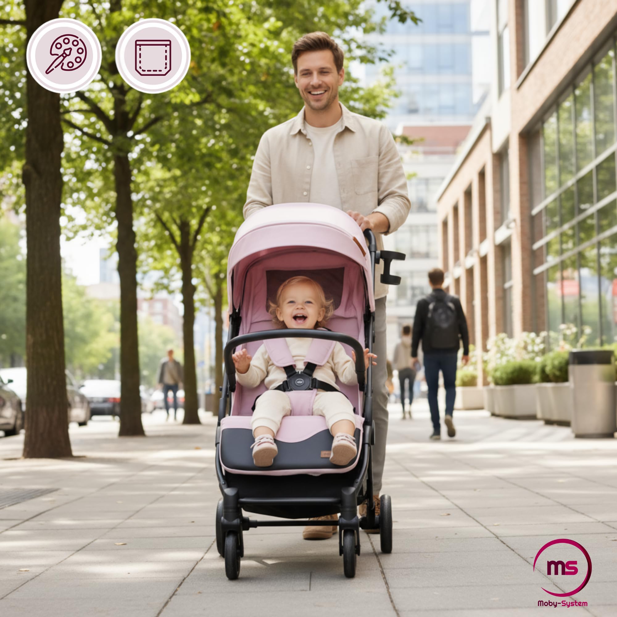 Moby-System LENA PINK PRO Poussette Canne avec Fonction Valise, Légère et Compacte 6–48 Mois, Roues EVA avec Suspension, Capote XXL, Pliage à Une Main, Rose